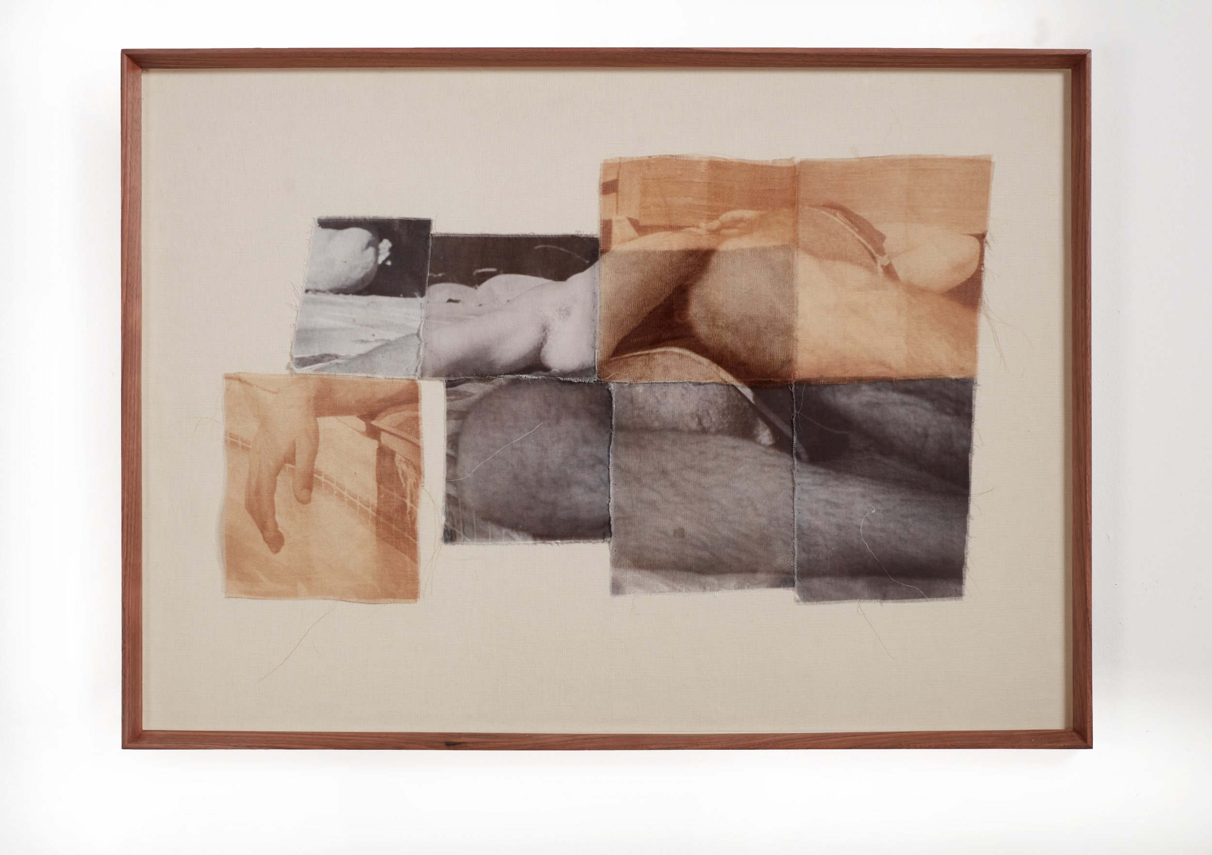 Poolside, 2021, Atlantic seawater, silver and sunlight on cotton and silk cloth - 9 unique salt prints, hand tacked onto linen, 54 x 37 cm