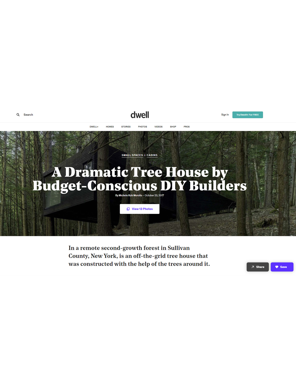 DWELL MAGAZINE:OCTOBER 23, 2017A DRAMATIC TREE HOUSE BY BUDGET-CONSCIOUS DIY BUILDERSHALF-TREE HOUSE