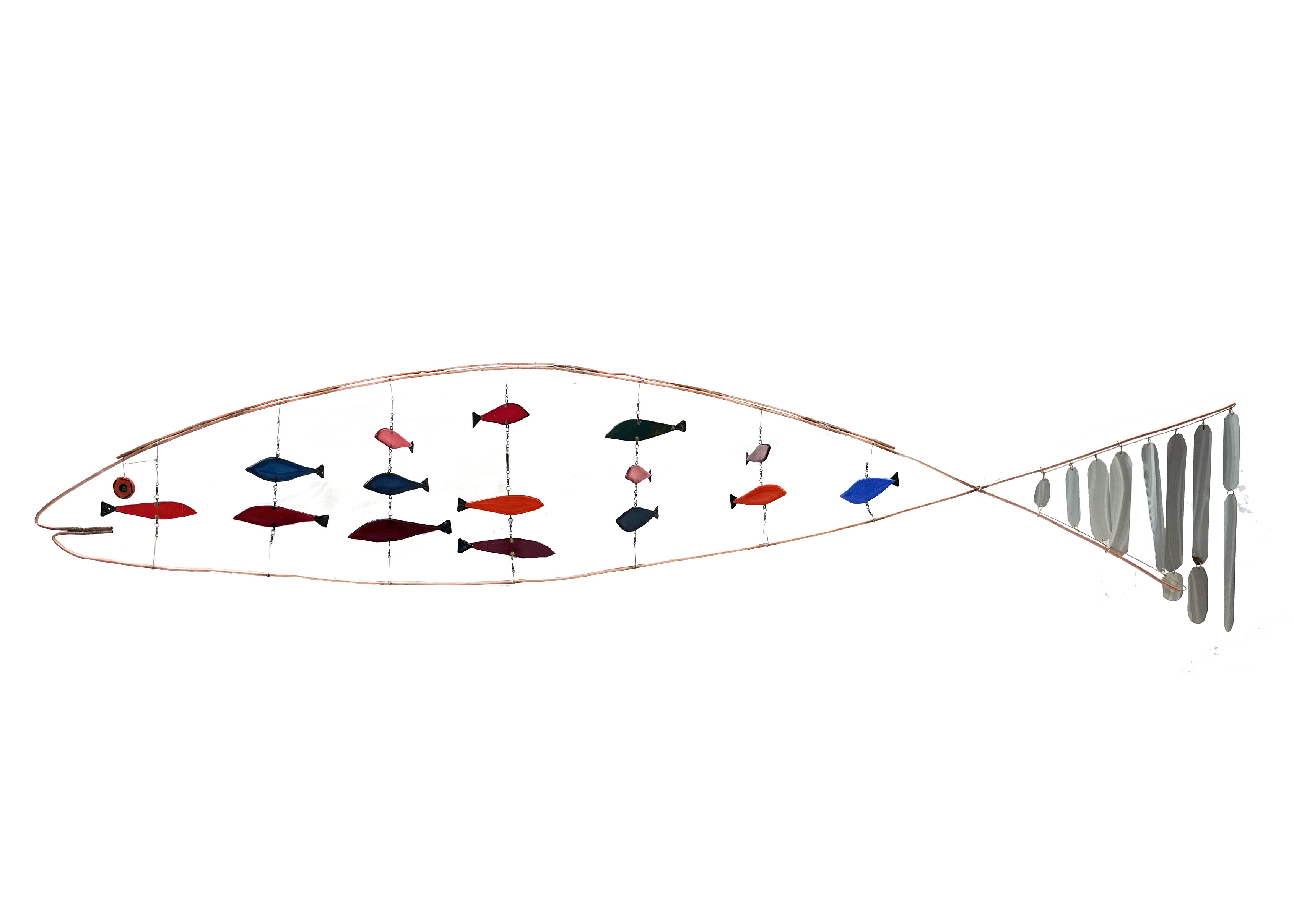 by Harlan McMurray at Westminster Canterbury; glass, copper, aluminum, fishing swivels. 65"x28"x4" Feb. 2023