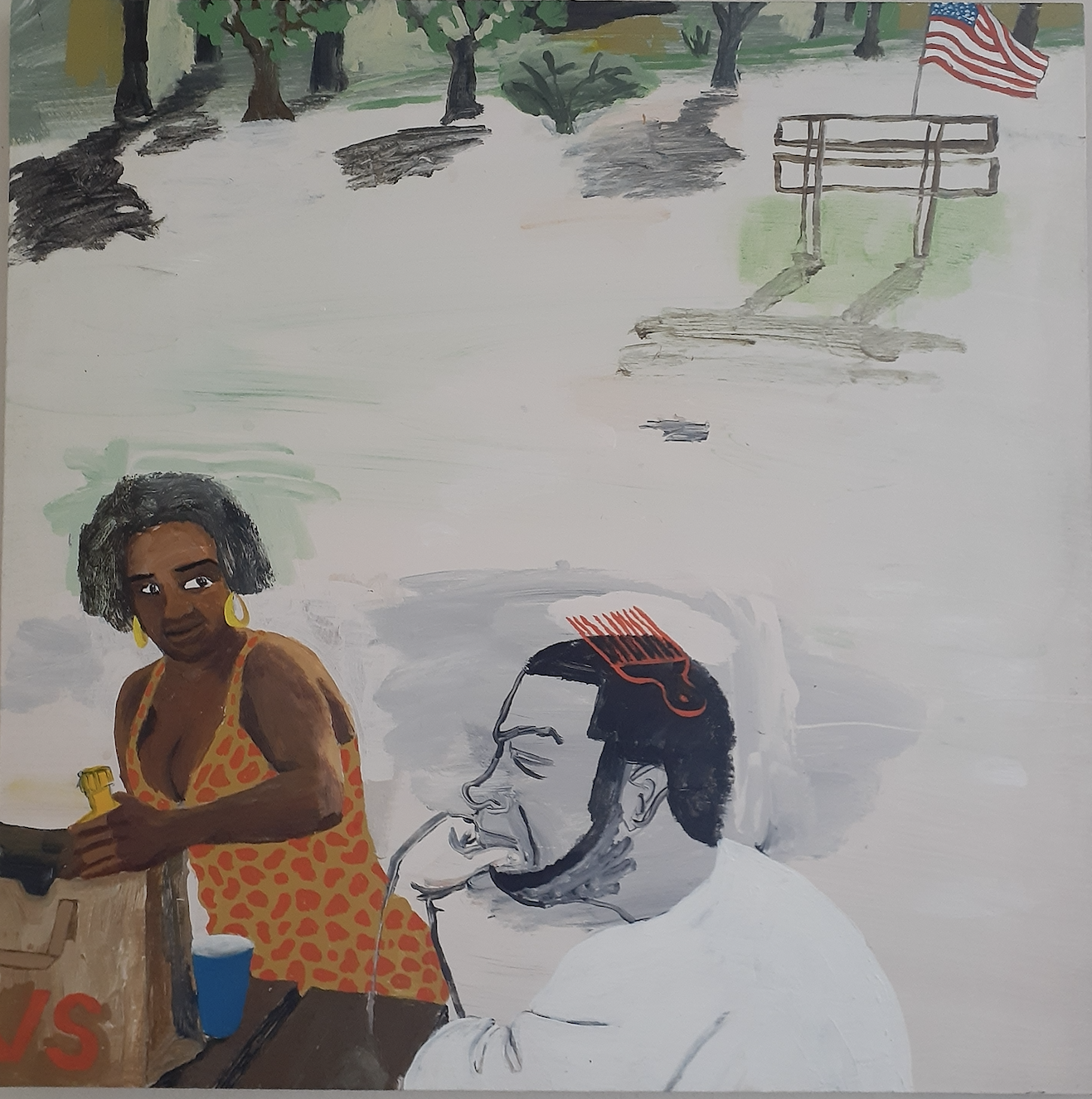 Cate White, Johnny and Raquel on the 4th of July, 2014, Acrylic and latex on wood panel, 24 x 24 in (Sold)