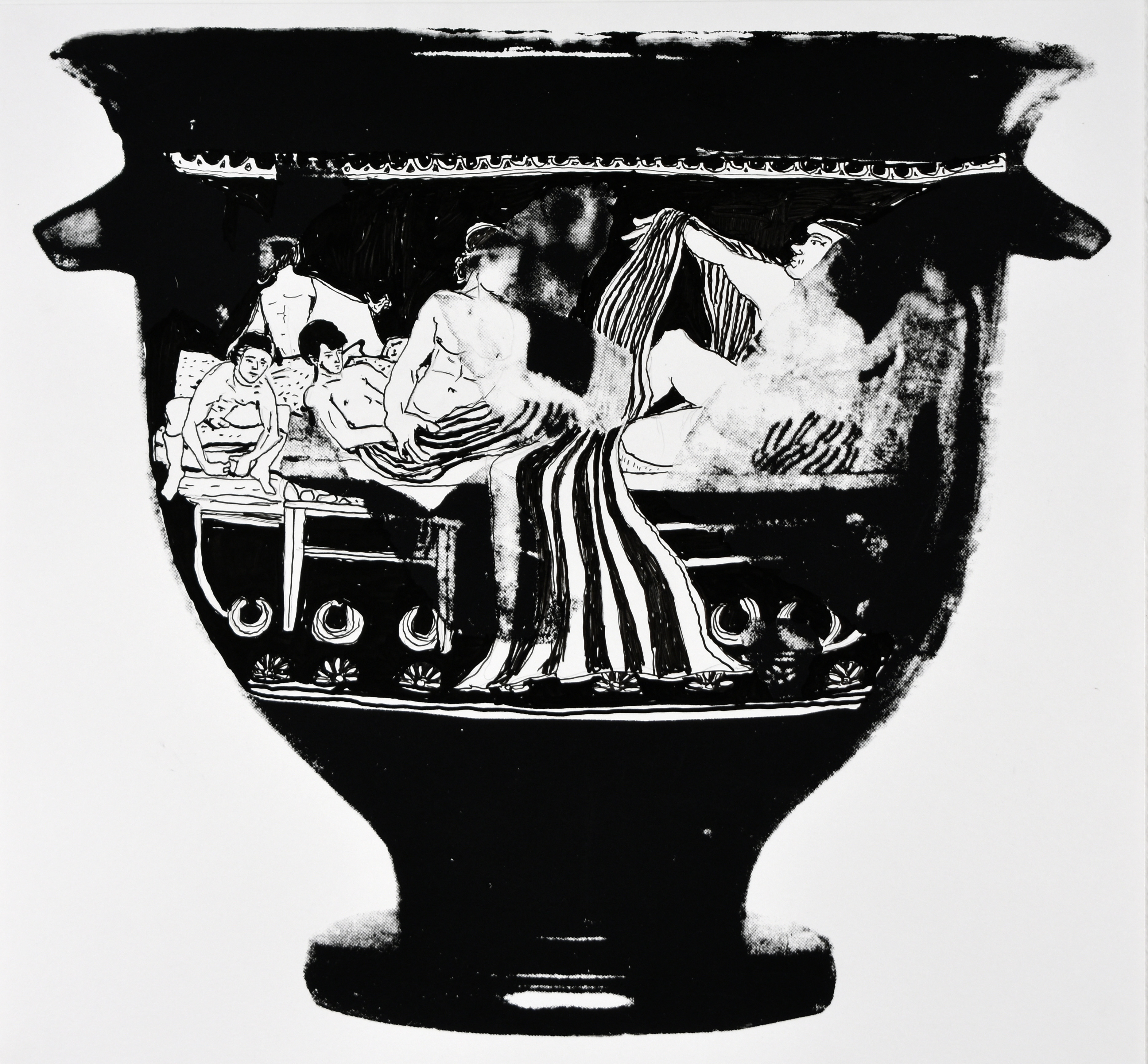 214546 (P.DR.01) A, B: Symposium, Youths Reclining, One Playing Kottabos, Women, Tables, Screenprint and acrylic drawing on paper, 17 x 18.25 in., 2024