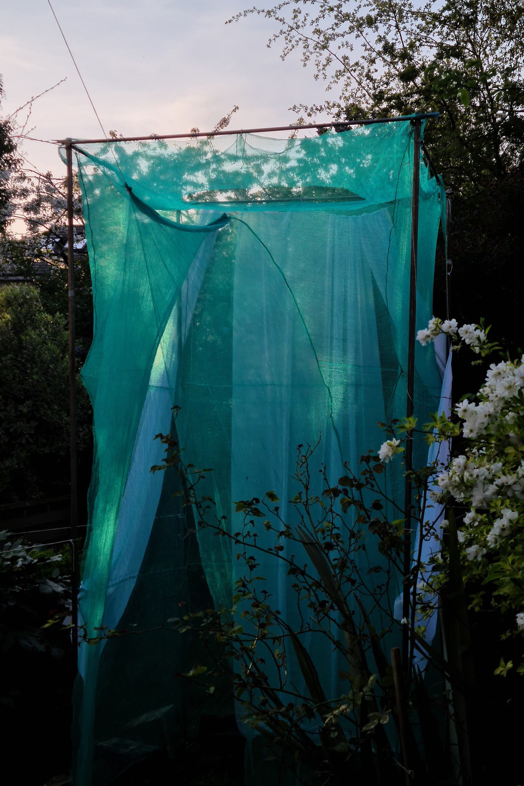 Ataraxia I, 2020, debris netting and steel, 1.6 x 1.6 x 3.2 m, London