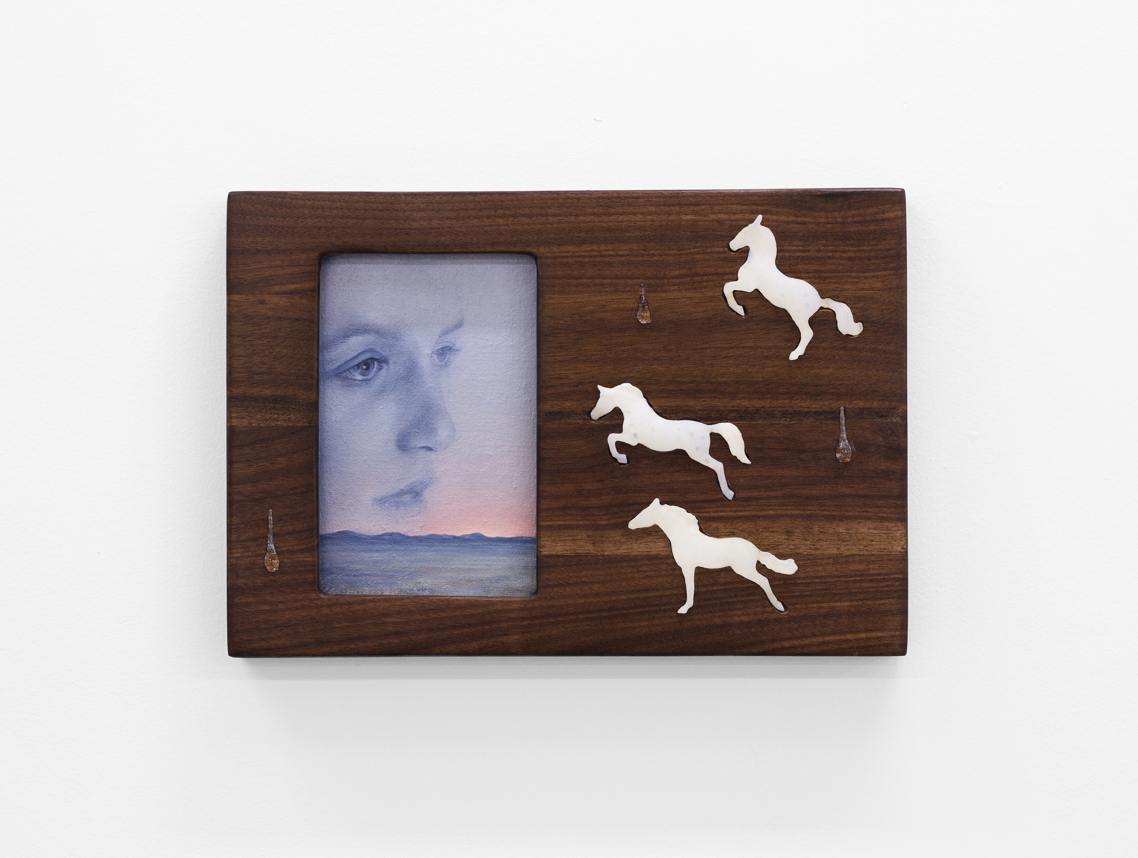 Day Dreamer, 2024, oil paint on linen-wrapped wooden board, walnut wood, glass, caulk, 16 x 11 x 1.5 in.
