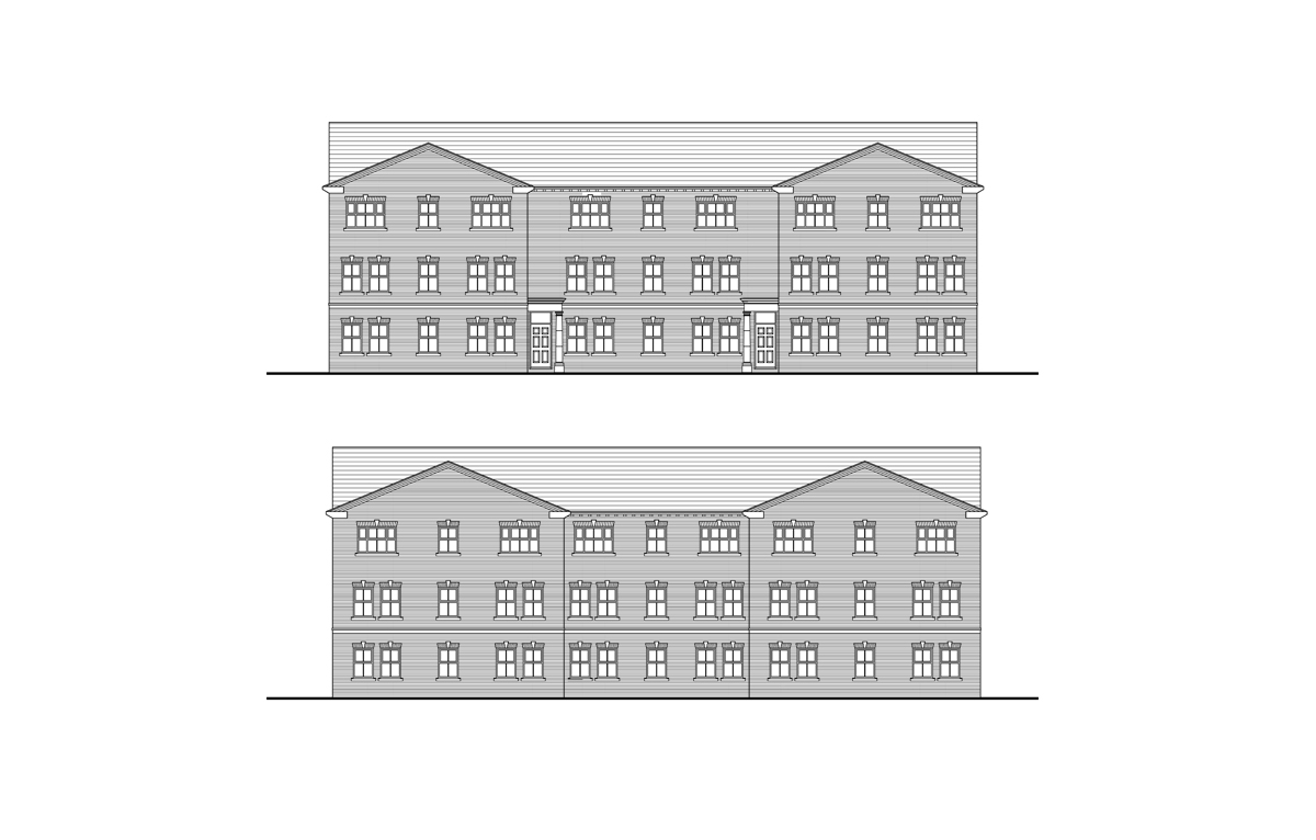 block b, front and rear elevations