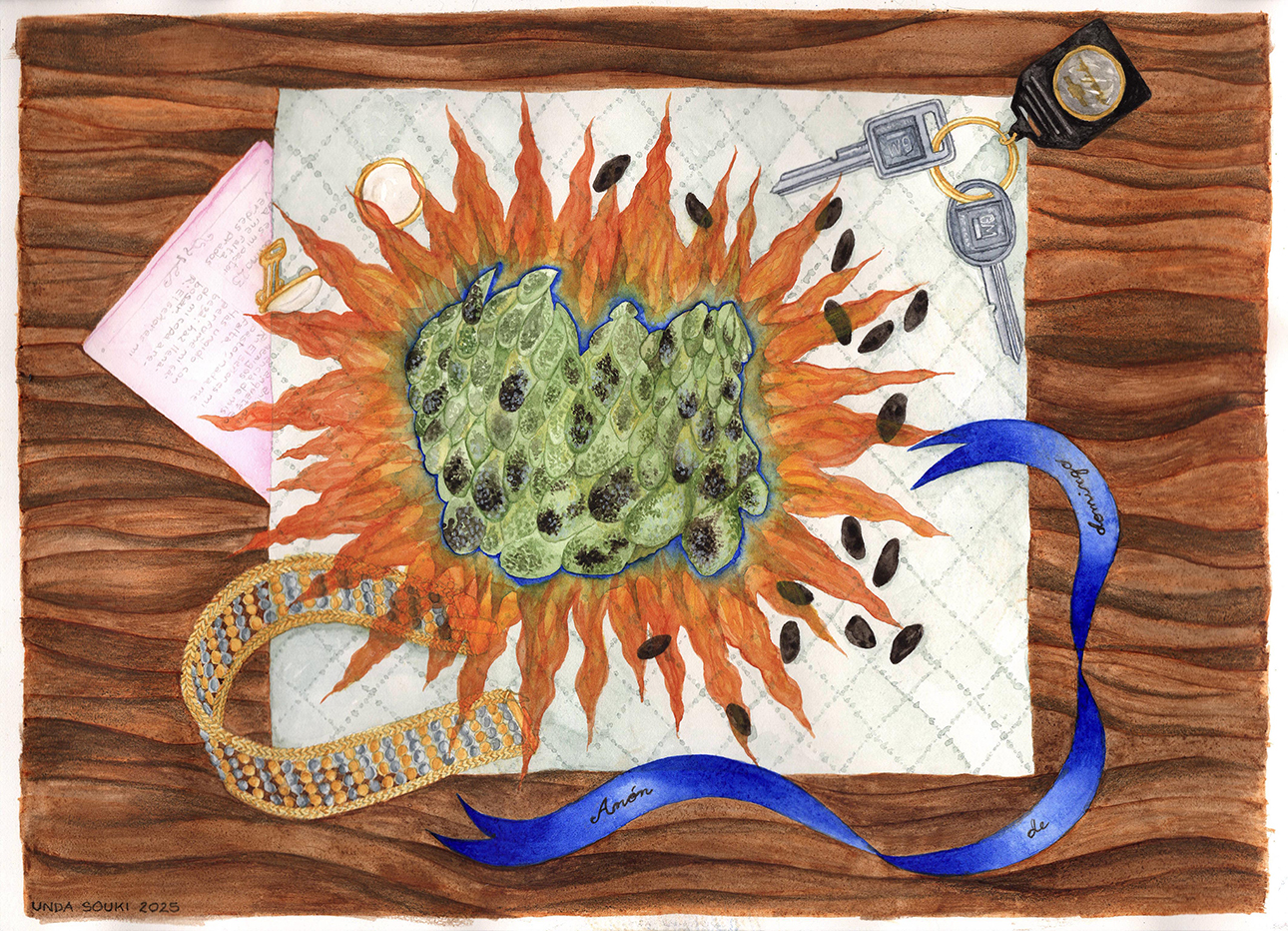 Rosa Maria Unda Souki Anon de domingo, 2025 Aquarelle et crayons de couleur sur papier 26 x 36 cm Courtesy de l'artiste et de Dilecta
