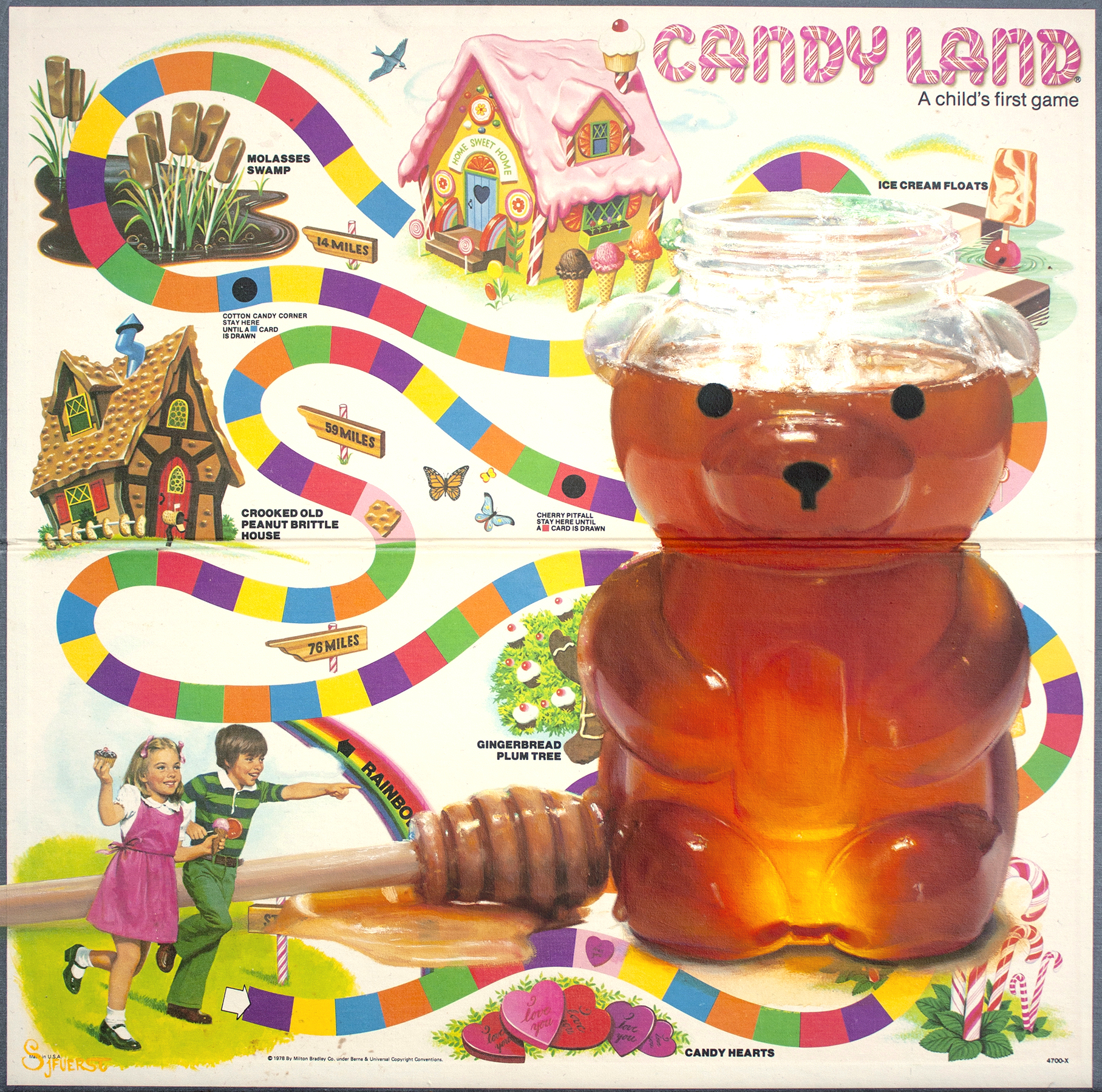 'Honey Pot'. Oil paint on panel mounted Candy Land board. 47 x 47 cm