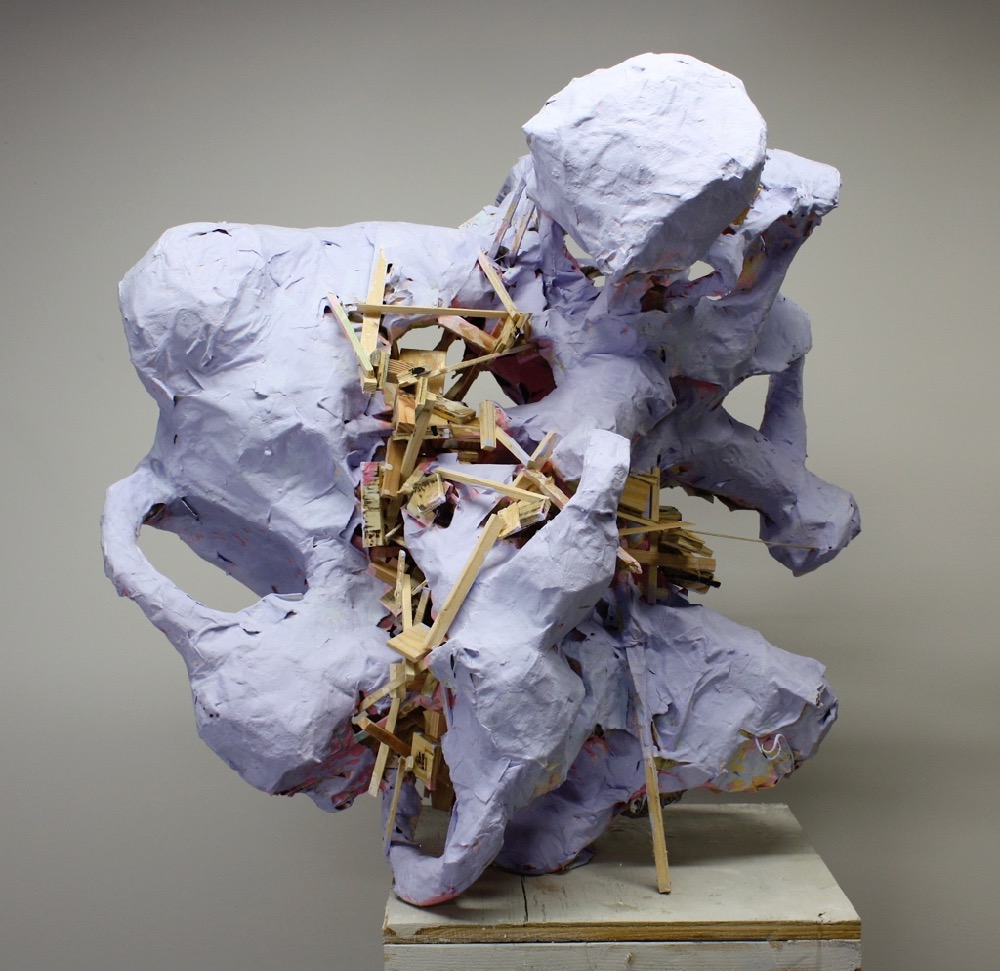 Blue Away, 2013, papier-mâché, wood and paint, 26” x 22” x 20”