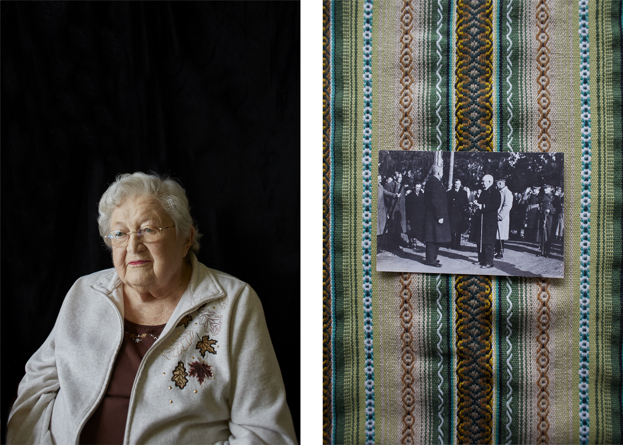 Aino Mitt 17 years old. Aino remembers wearing her best suit. Everything else was packed in a suitcase that ended up getting lost and all she had left was a small sugar box with a face cloth. Object: A photograph of Aino’s father and the Estonian president Konstantin Päts in 1939.