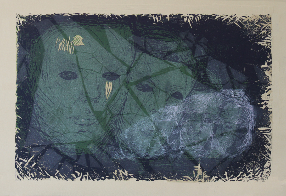 We All Wear the Same Mask, woodblock relief & intaglio printing, May 2013, 15" x 22
