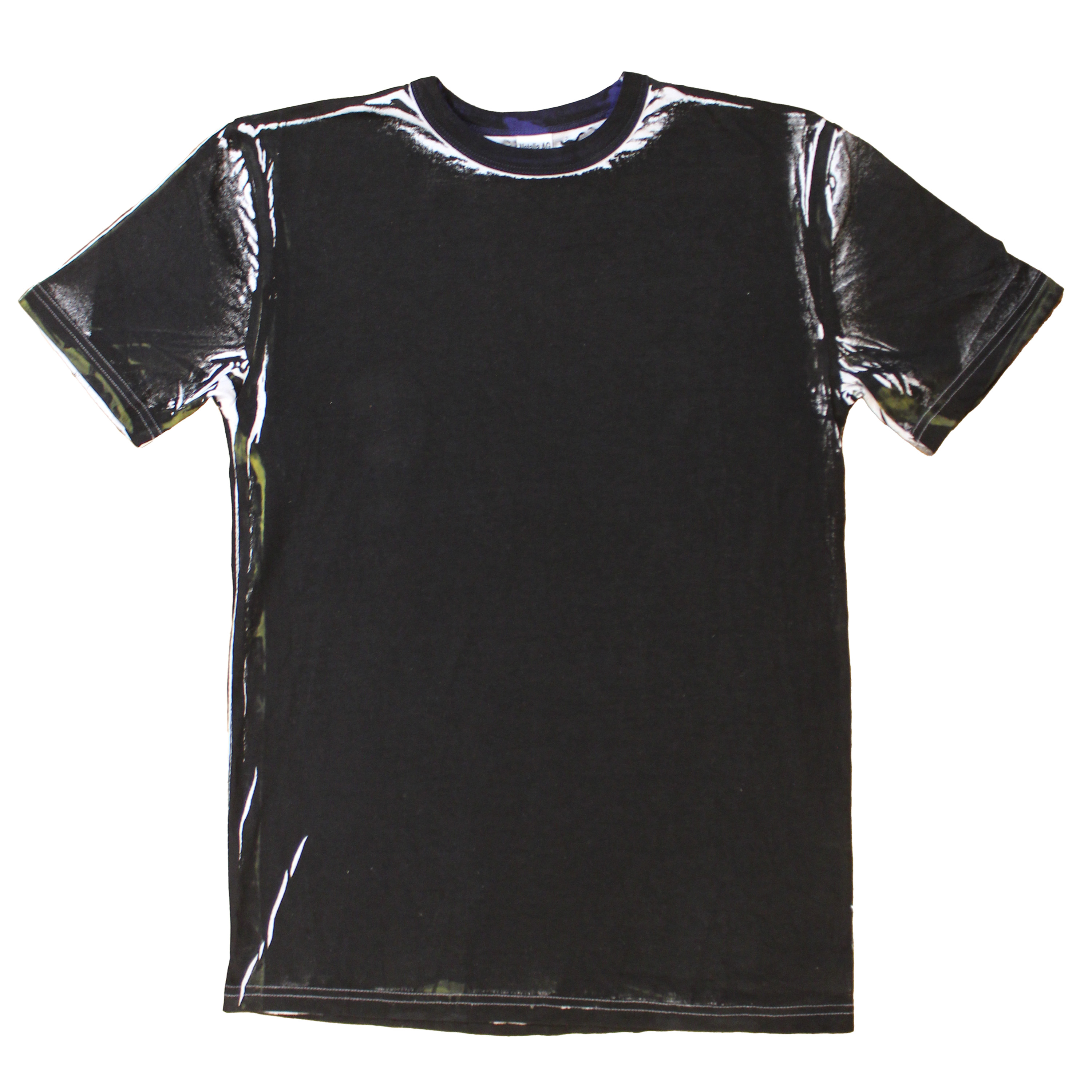 reclaimed vintage deadstock 70s ringer tee allover printed with dye. creases are unpredictable and vary from tee to tee. 