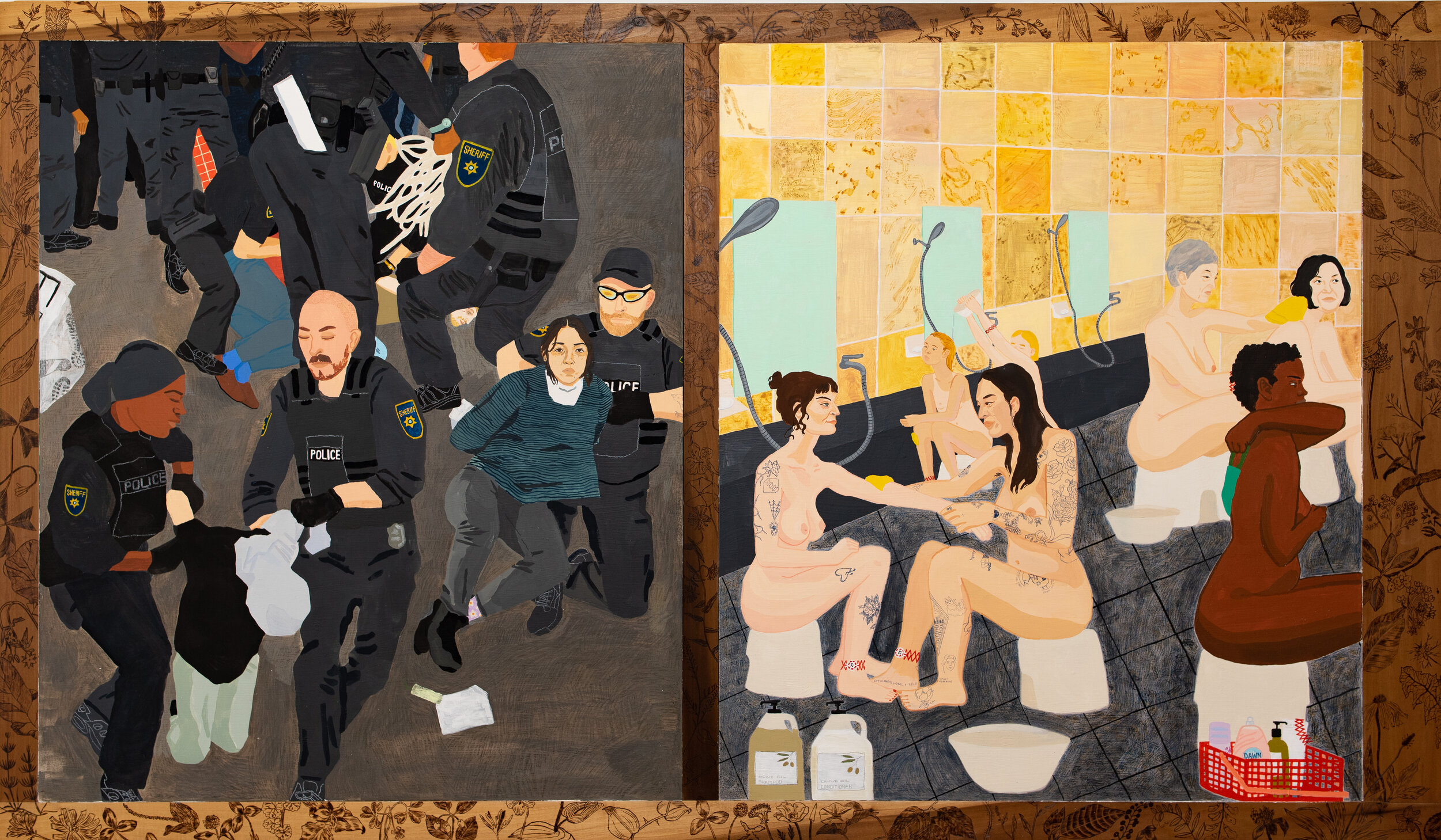 Two paintings side by side, the one on the left is a scene of police brutality, with many citizens seemingly being arrested and carried of a street by police in riot gear, and the painting on the right is a calm scene of many nude figures in a spa bathing together.