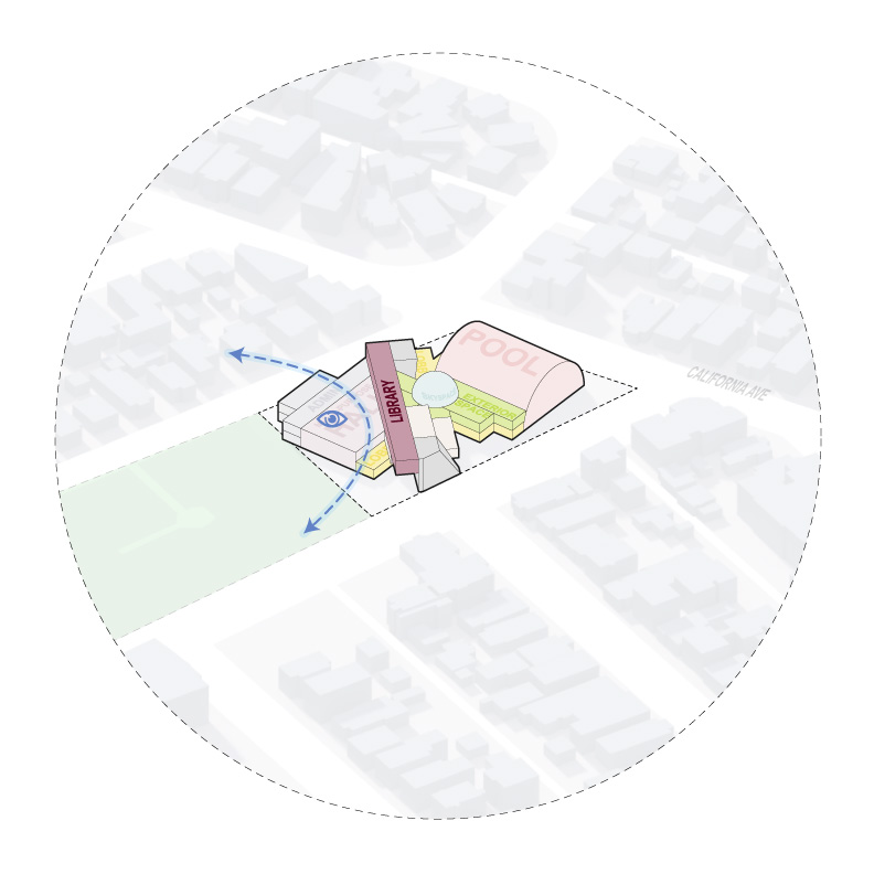 The strategic piling of primitive solids maximize views and presence of Oakwood Park, further integrating it to the existing site.