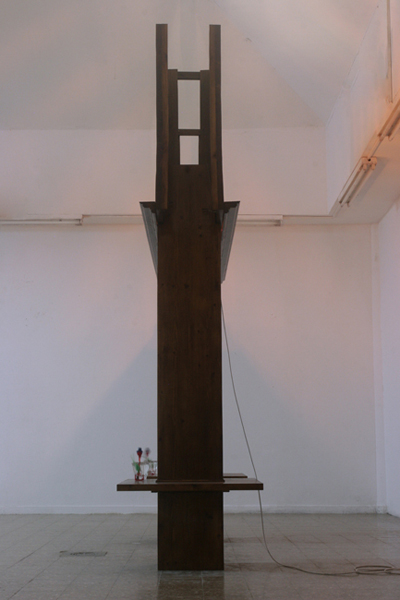 Gate, 2010, 230 H x 200 W (cm), wood, plasma-ball, "drinking birds", water glasses