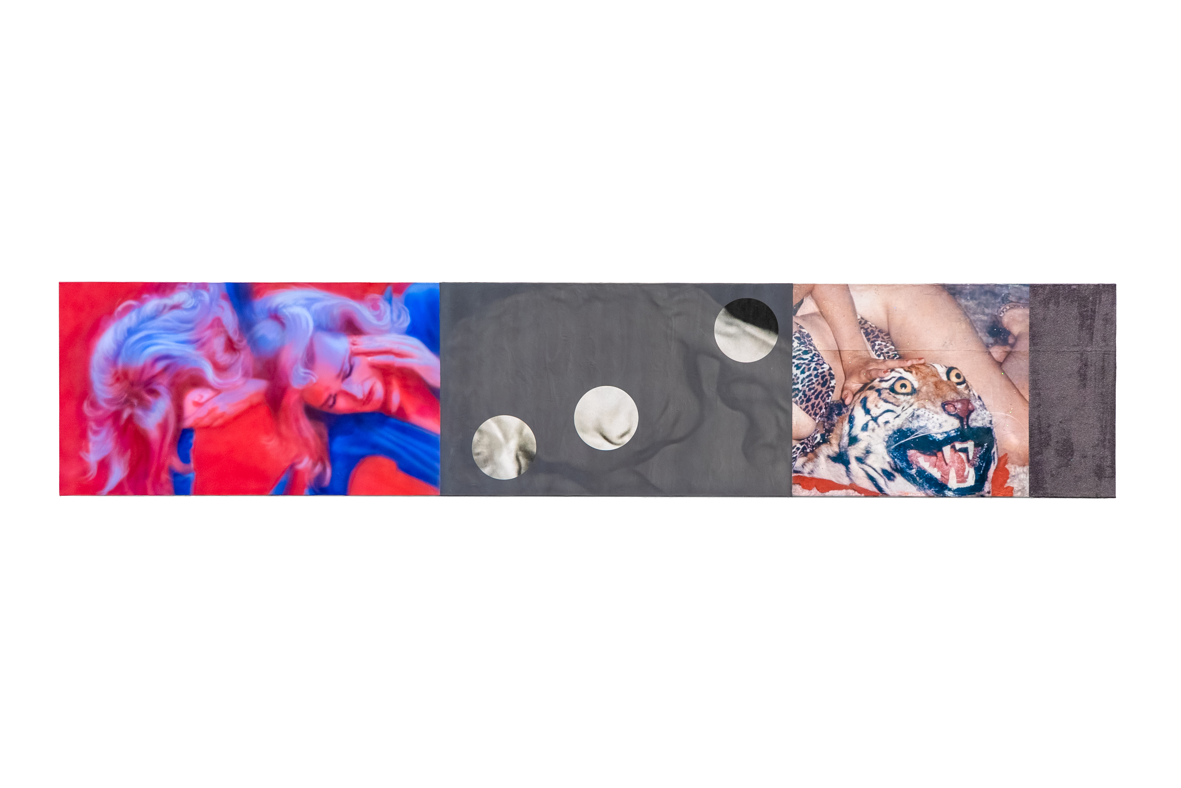 There’s a hole in the ballad *tricks, stunts, haunts, acrylic, thermochromic ink, pigment transfer, graphite and glitter on linen 18 x 89in 2025