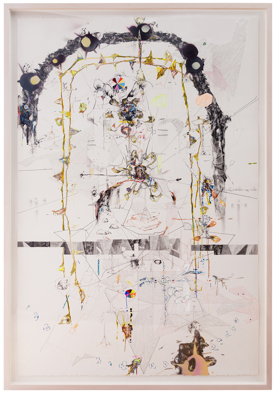 plan d  Ink, graphite, colored pencil, incense ash, variegated leaf, and aerosol on paper.   2015 - 52 x 36 - Framed
