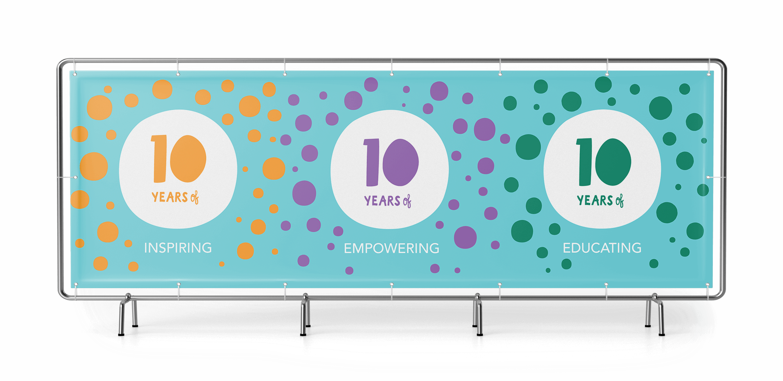 Mockup of a banner with three 10 year logos stating Inspiring, Empowering, and Educating