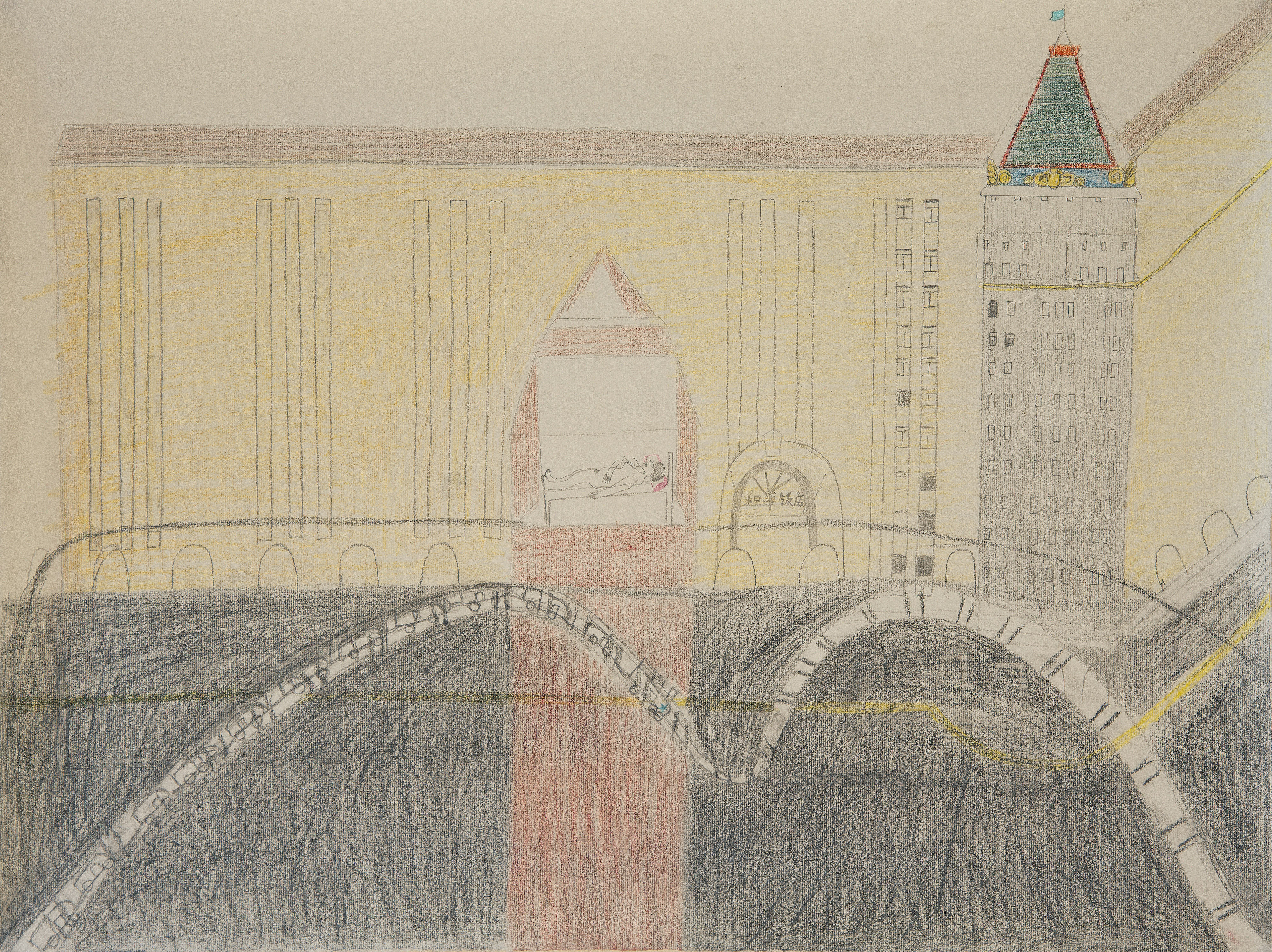 Peace Hotel, 48 x 63.2 cm, colored pencil on paper,  2021