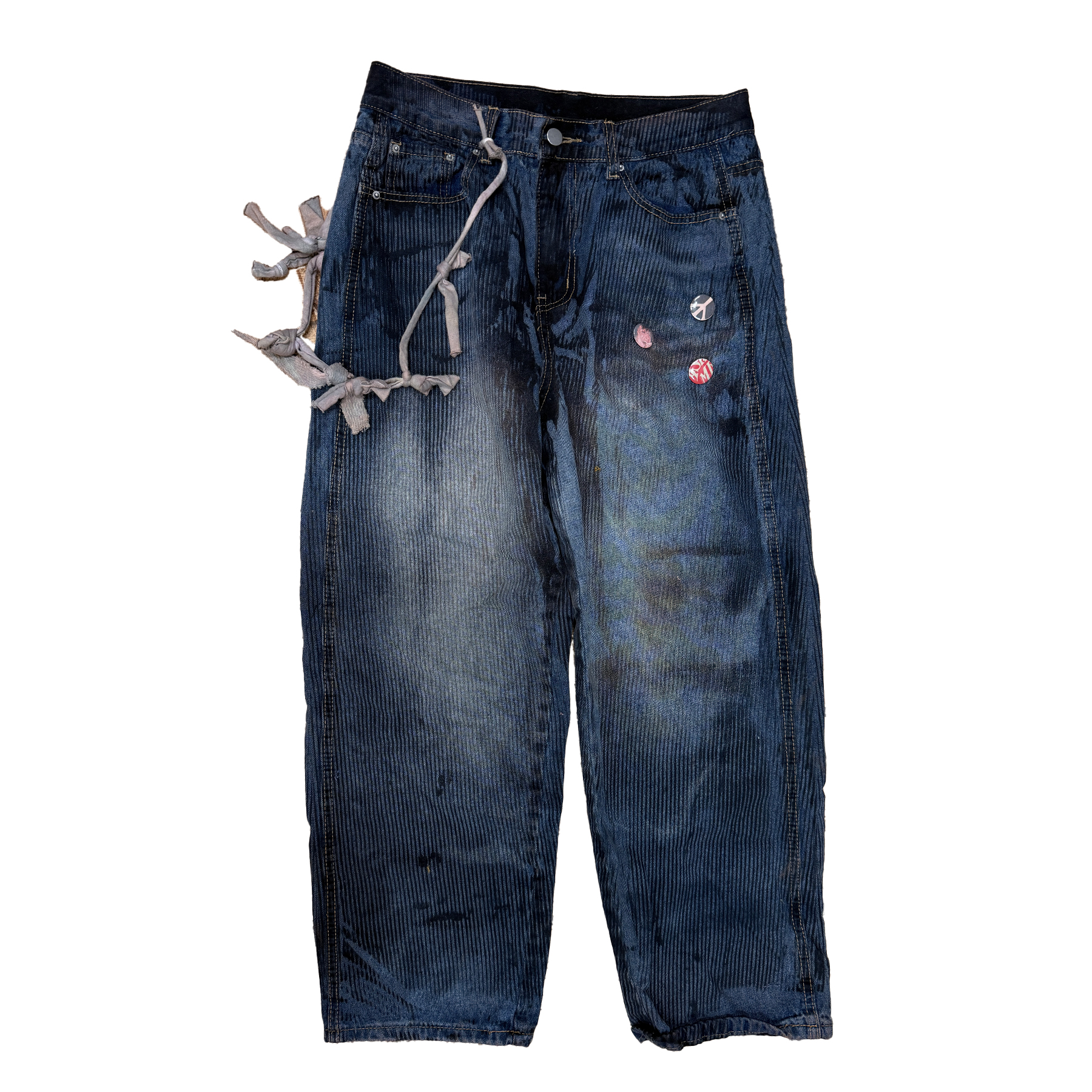 reclaimed vintage surplus denim screen printed with textile ink in snagstripe print. tailored for straight/wide fit. fitted with custom keychain, scrap chain, and leather patches