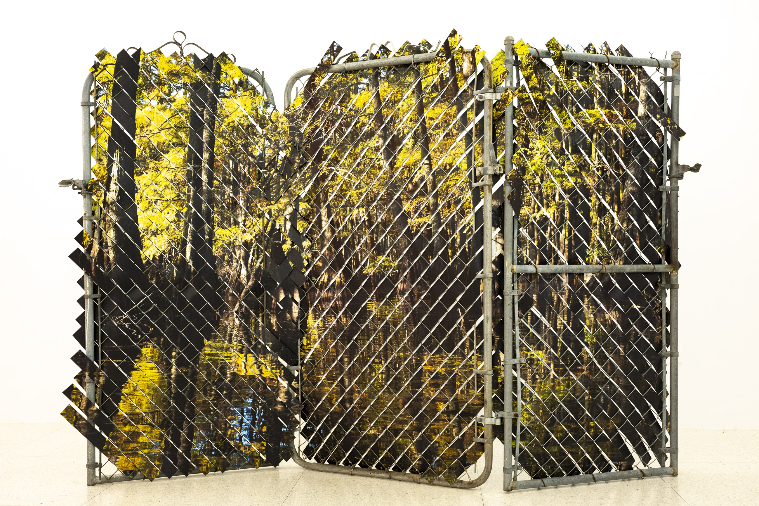 And He Said He Ain’t Goin’ Back (Ruben, Shreveport), 2022 steel, chain link mesh, UV print on synthetic resin 96 × 74 × 4 in | 243.8 × 188 × 10.2 cm (Collection of Los Angeles County Museum of Art)