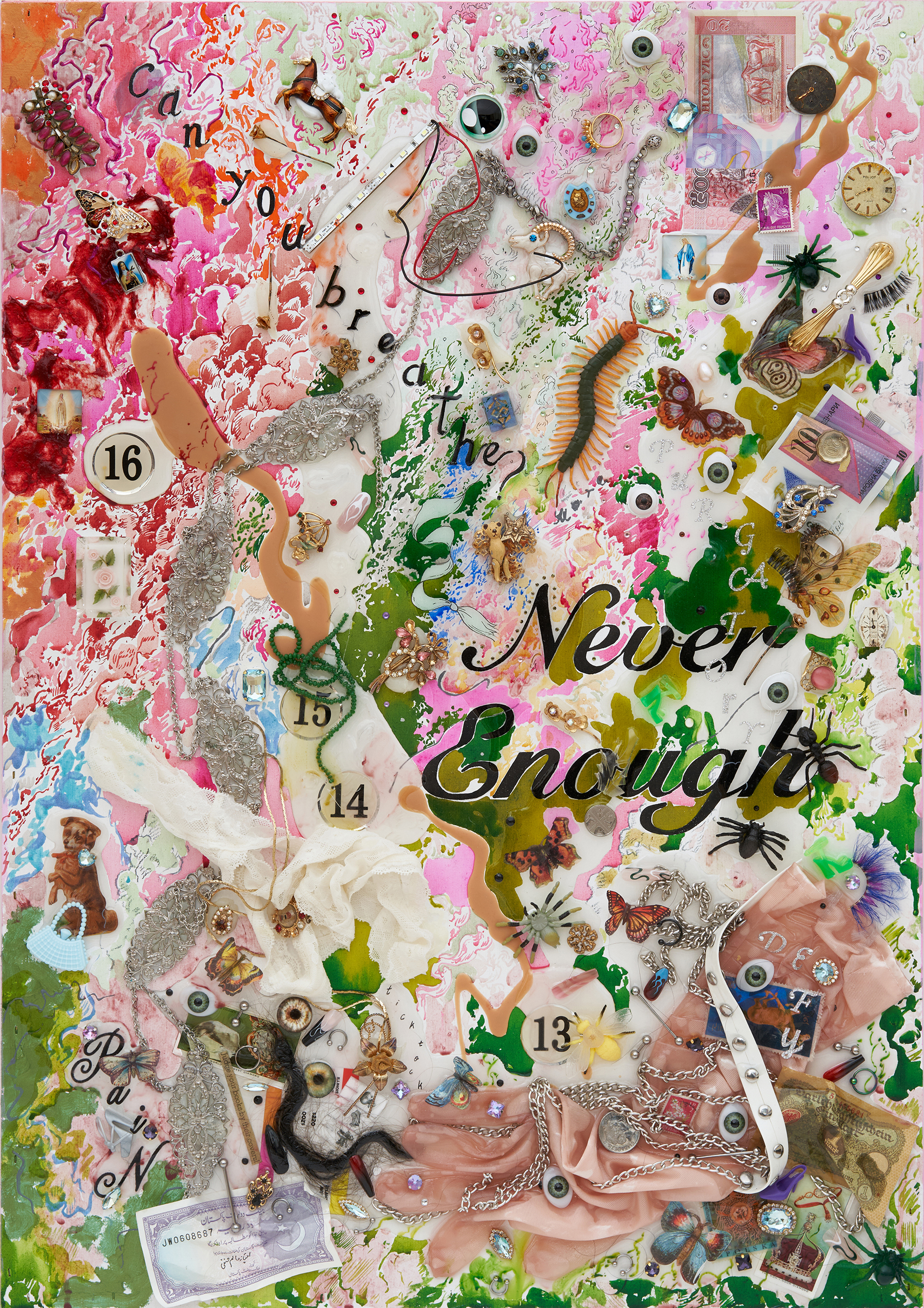 Can You Breathe?_2023_Acrylic, coins, antique jewelry/watches, doll eyes, fake lashes/nails, faux leather, glass beads, gloves, ink, lace, marker, paper money, pen, pencil, resin, plastic, rhinestones, silicone, spray, watercolor on wood panel_73x51.5 cm. 