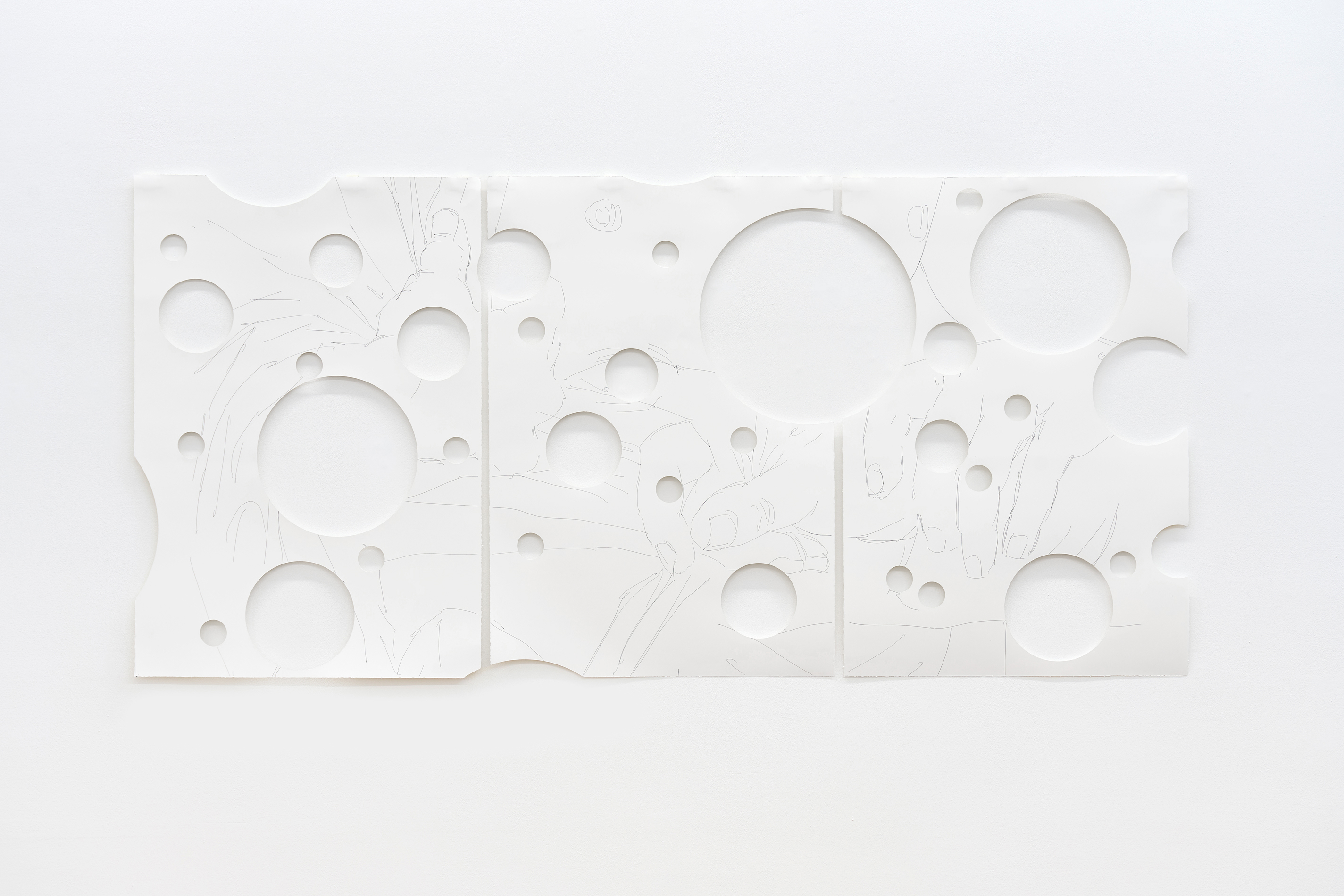 Shaun Motsi, Untitled (Spectacles) (2025) | Ink on Somerset watercolour paper, 112 x 236 cm 