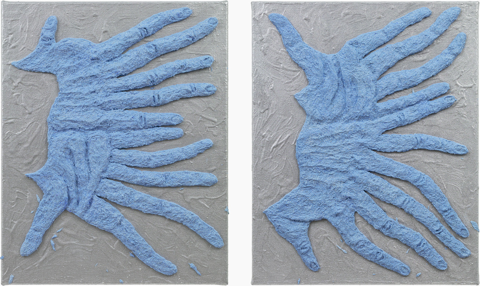 Dextral and Sinistral, 2025, Diptych, Acrylic, aluminium powder, marble powder, pigment on linen, 54x43x3cm (x2)