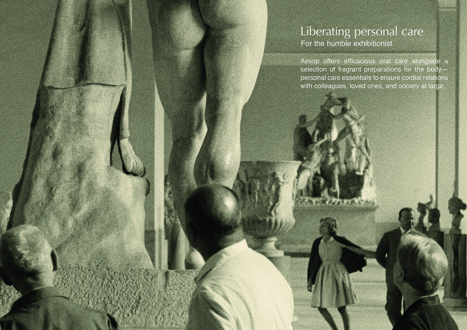 The Farnese Hercules image overlaid with copy describing Aesop's approach to personal care.