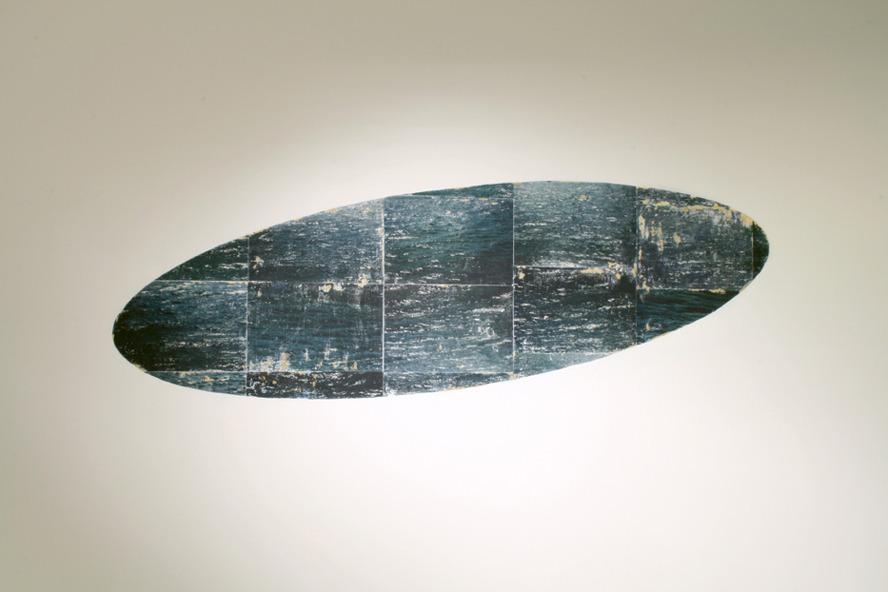 'Ellipse', 7ft ellipse, image transfer, pigment and gold leaf