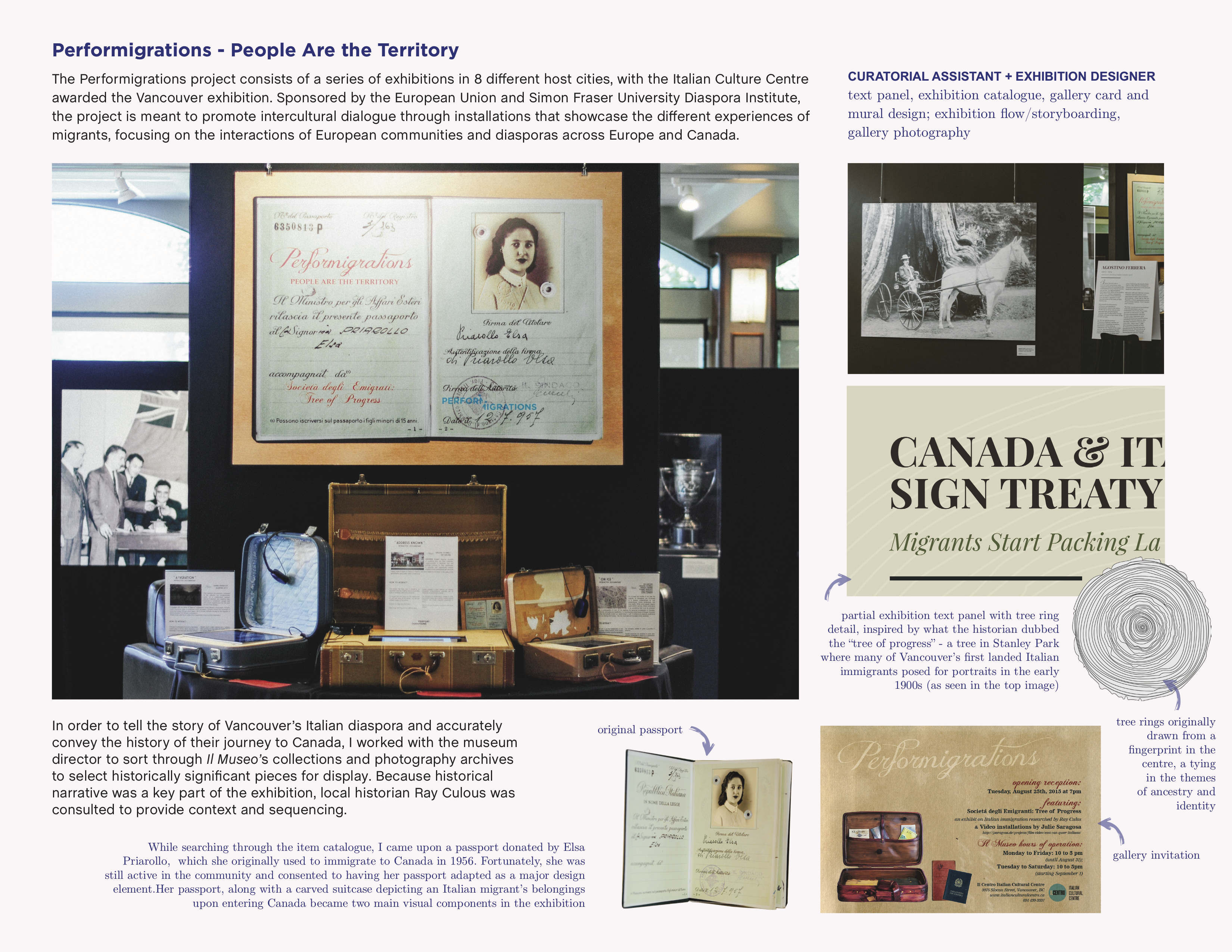 Peformigrations - exhibition space, labels, exhibition cards/banner design (Italian Cultural Centre)