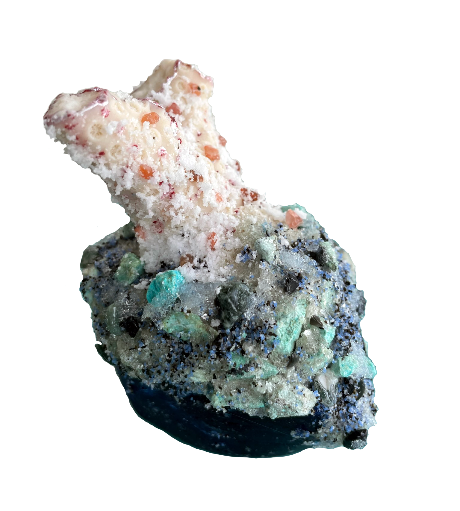 Coral III;  Turquoise, onyx, mica flakes, glass, moss agate, red agate, sand,  and coral, 3”x4”