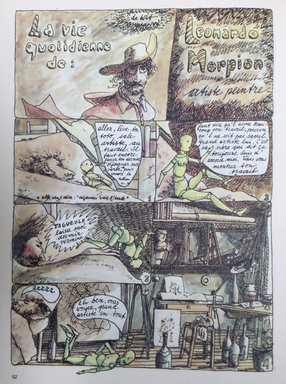 La Vie Quotidiennne de Leonardo Morpion in Charlie Mensuel January 1975 No. 72 - wash drawing, indian ink, watercolor 25x18 cm