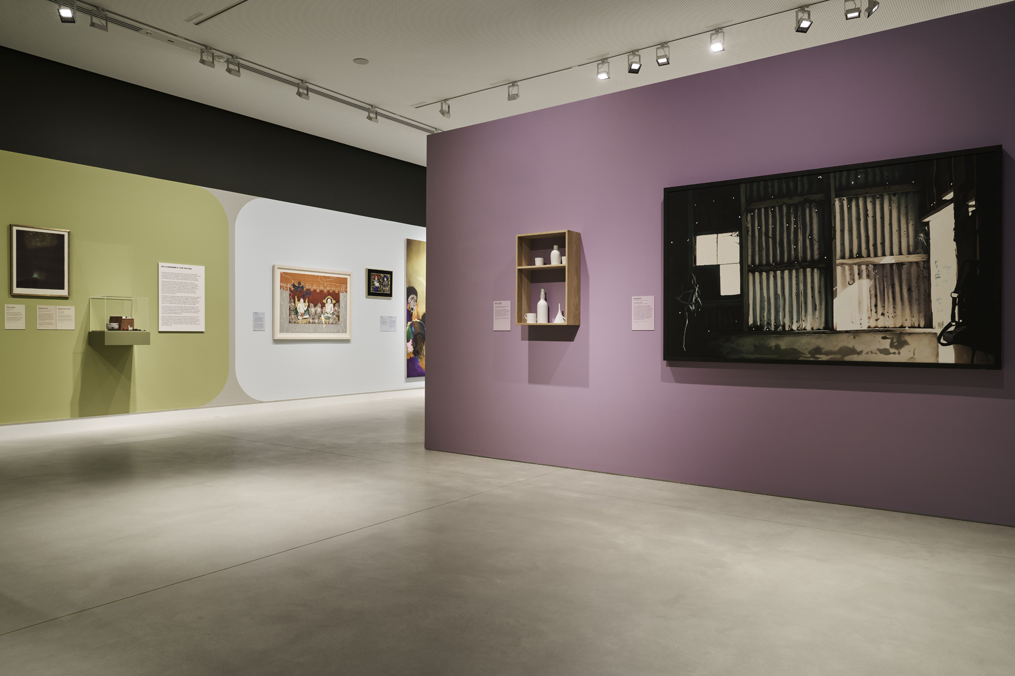 Zen embedded in craft and clay & Rustic Reverie in Stories from the SAM Collection, installation view, Shepparton Art Museum 2025. Photo:Leon Schoots