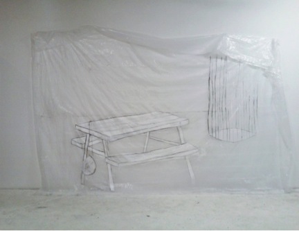 1/2 — ALL AMERICAN CLASSIC.  On a website describing a six-foot A-frame wooden picnic table, it is billed as "Economical. All-American classic. Recommended for parks, walking paths, and picnic areas." Within the work's bodily scale, subtly moving from the wall into three-dimensional space, a lone balloon, popped, dangles from the picnic table. All American Classic was created in conversation with Kathryn Andrew's piece The Return to X for the exhibition In Response at Audrey Love Gallery in Miami, FL.  Existing in layers, touching the ground, hanging, draping, or moving off the surface, there is also a conscious nod to the aspect of stage and theater. Is it used, leftover, or in progress? Have the characters already left, or have they yet to arrive? Plastic drop cloths, glassine, acrylic, and charcoal, 2015. 