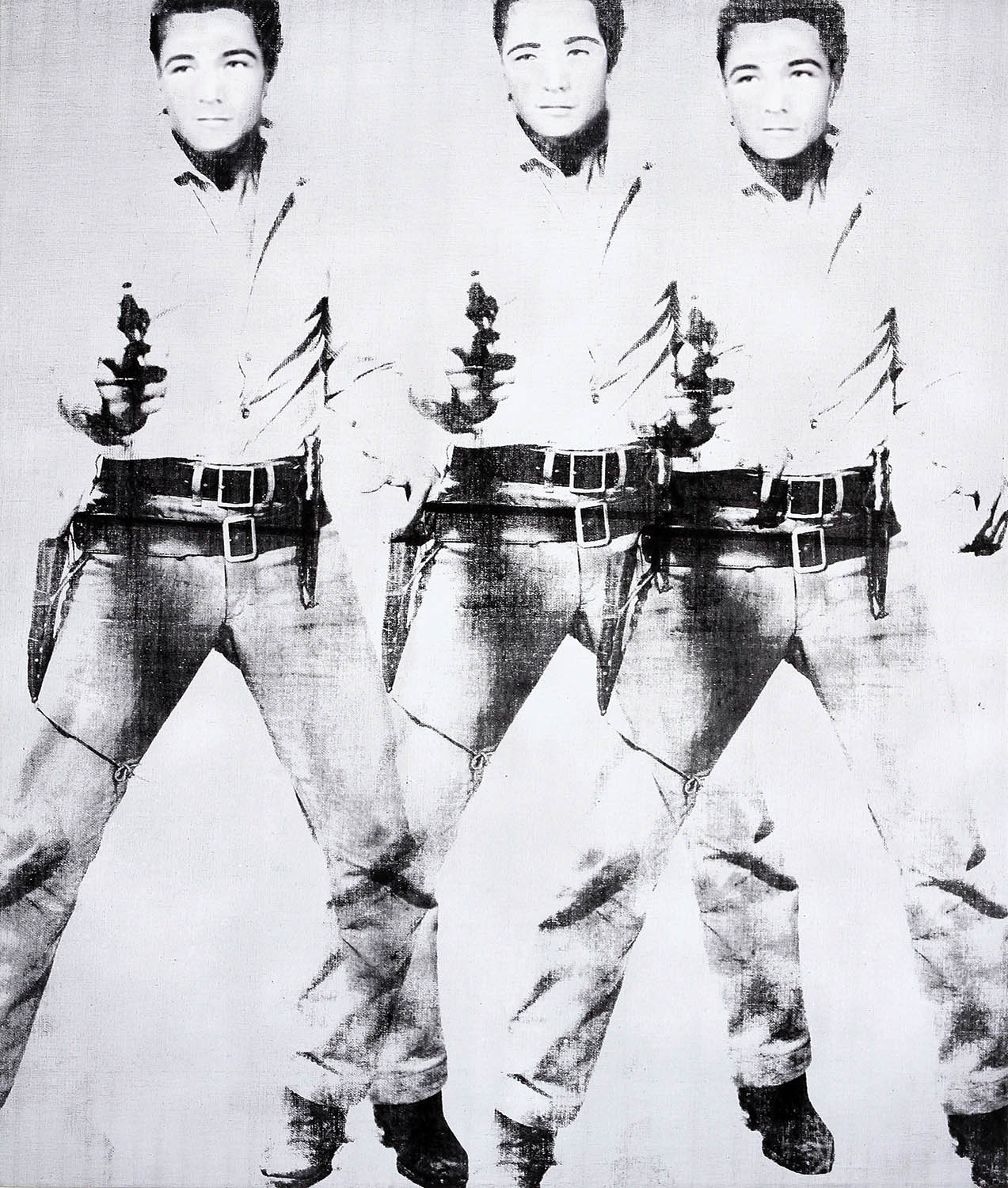 Triple Elvis, 2015 Original acrylic on canvas with printed background. 65 1/8 x 55 in.