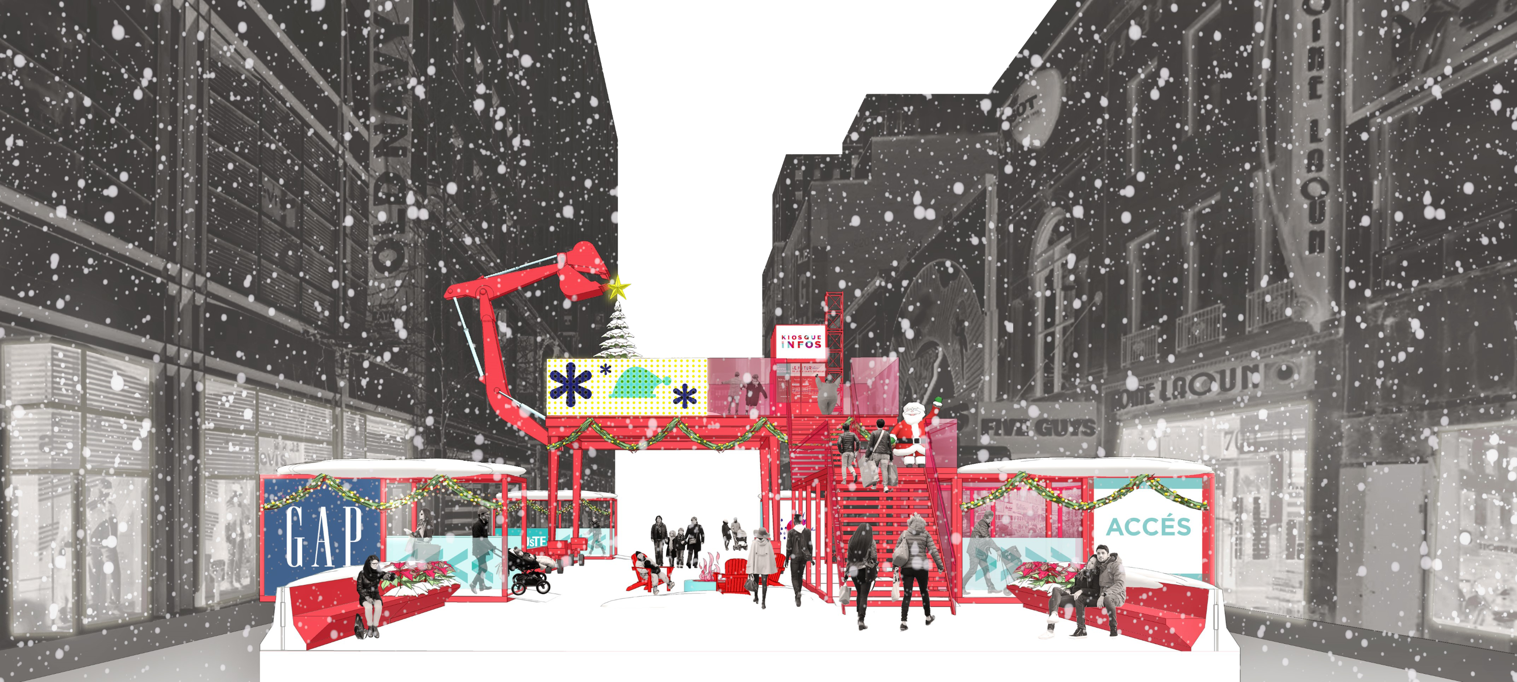 Collage of the proposal with holiday decorations and snow