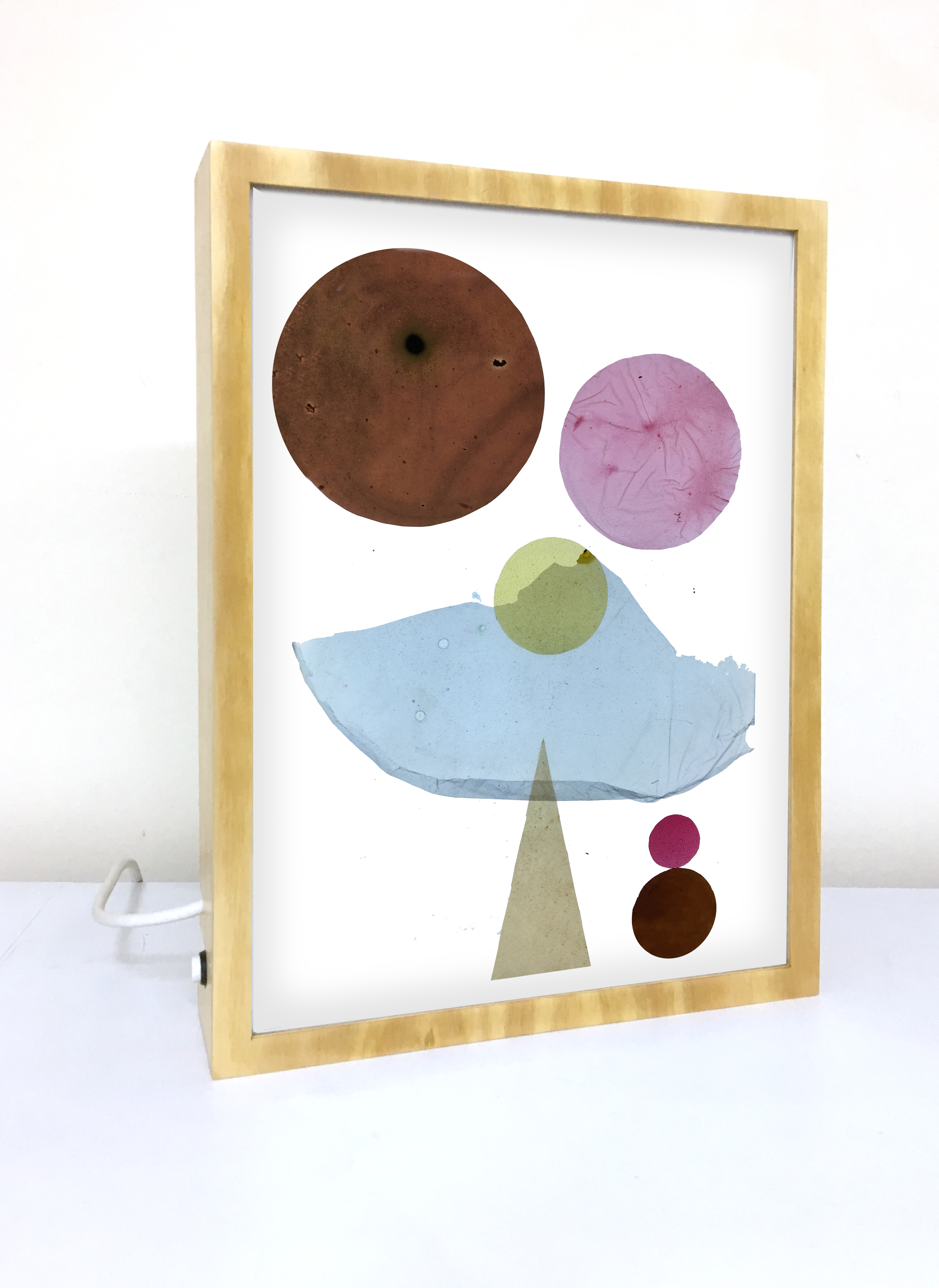 Ventana de Luz #06. Laminas de Bioplasticos y tintas vegetales (curcuma, hierba de san juan, flor de jamaica, maqui, cochinilla)  Cajas de luz,  retro iluminadas de madera. 30 cm x 42. VENDIDA