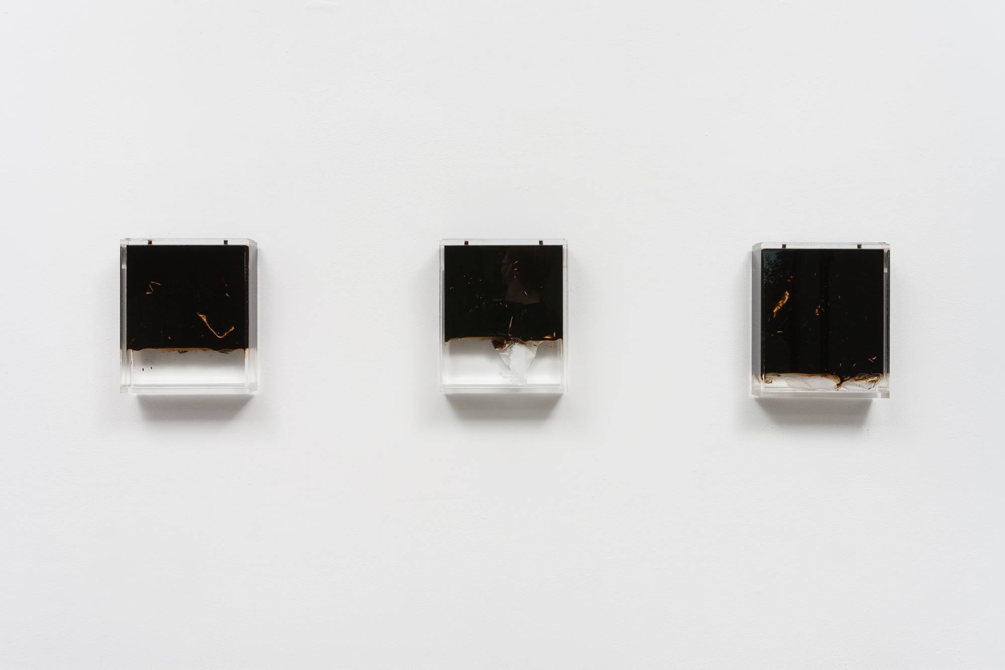 1/4 — OIL AND WATER  6/2 (48 oz. Texas Crude Oil, 16 oz. Illinois Tap Water, remnants of single-use plastic shopping bag).5/3 (40 oz. Texas Crude Oil, 24 oz. Illinois Tap Water, remnants of single-use plastic shopping bag).7/1 (56 oz. Texas Crude Oil, 1 oz. Illinois Tap Water, remnants of single-use plastic shopping bag).Installation view of the project; crude oil, tap water, single-use plastic shopping bags, custom fabricated liquid-tight acrylic; all individual works are 10 1⁄2" x 8 7⁄8" x 1 1⁄2"; 2016.