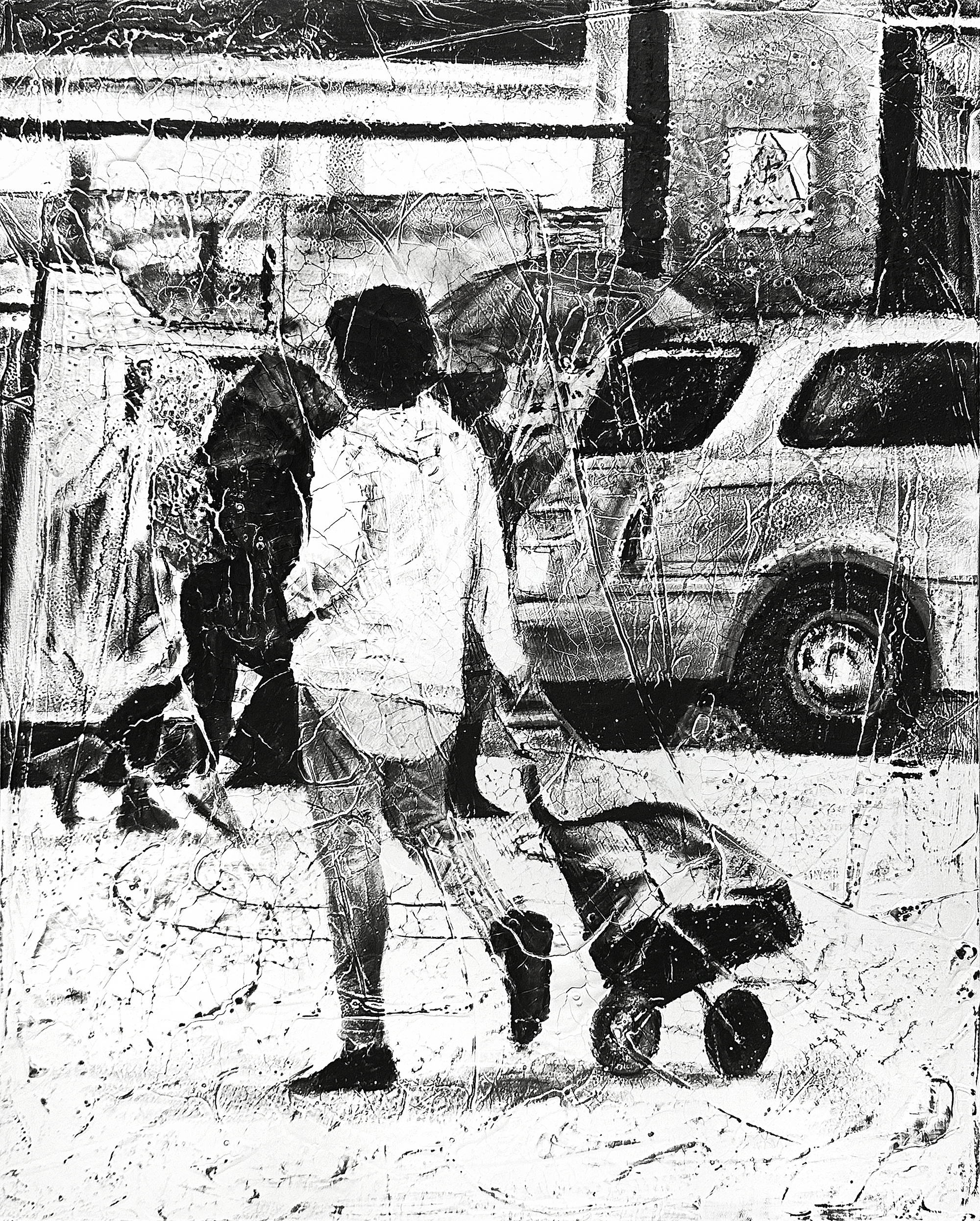 Strange woman at Trafalgar Square, 2022, charcoal, industrial paint on abandoned canvas, 65.1*53(cm)