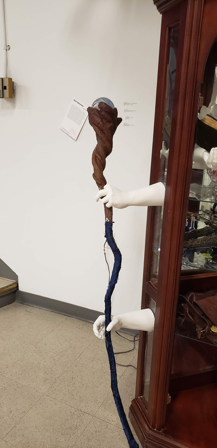 Staff of Water, Remnant of the Great Old OneGlass, painted cast plastic, wood, cloth, 2022