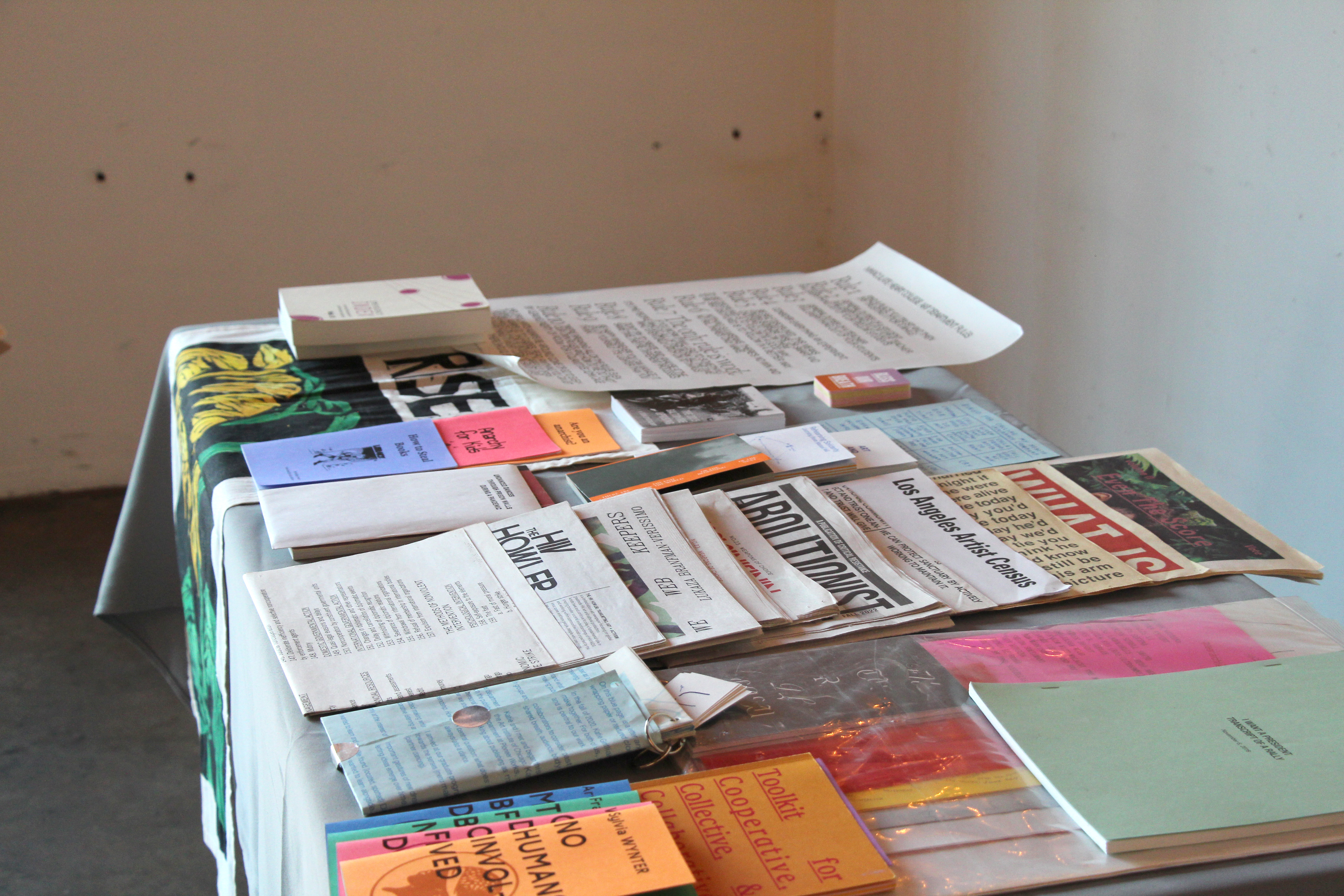 A table of organized overlapping zines and printed political matter is positioned diagonally through the center of the photo.