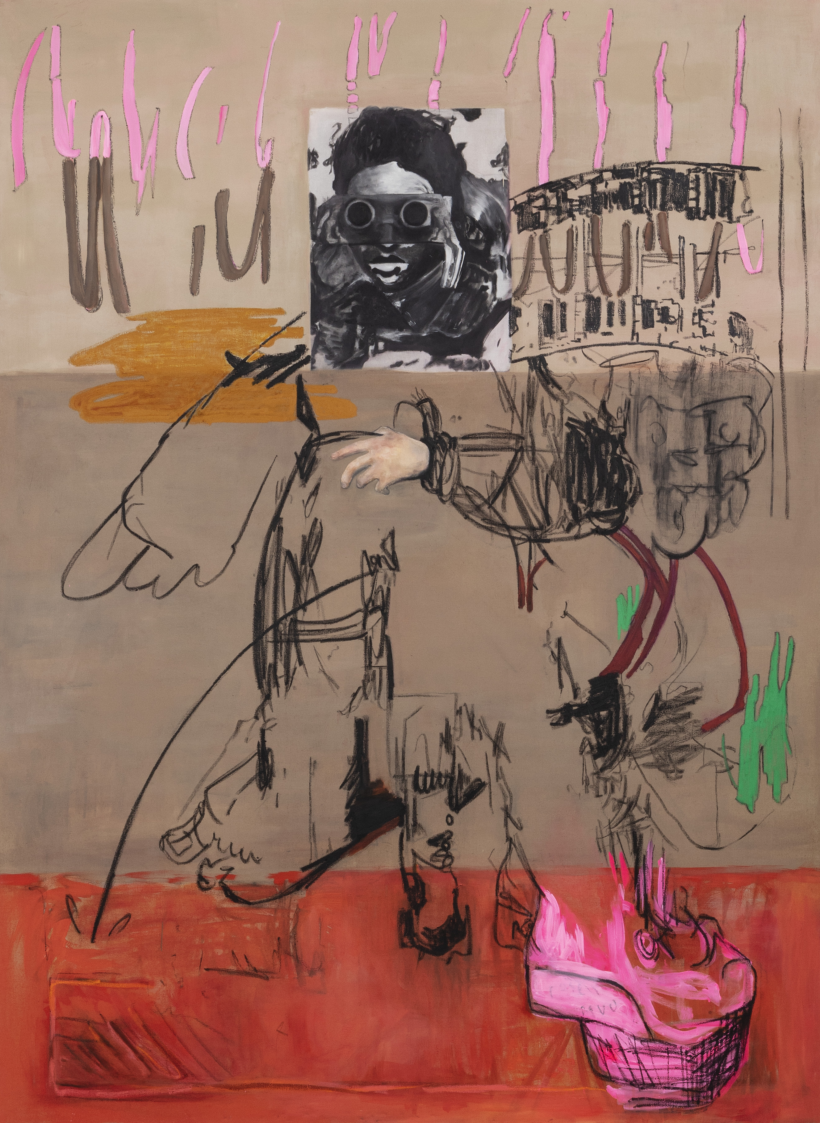 La Stature, 2023, huile, acrylique, bâton d'huile et fusain sur toile, 270x200cm