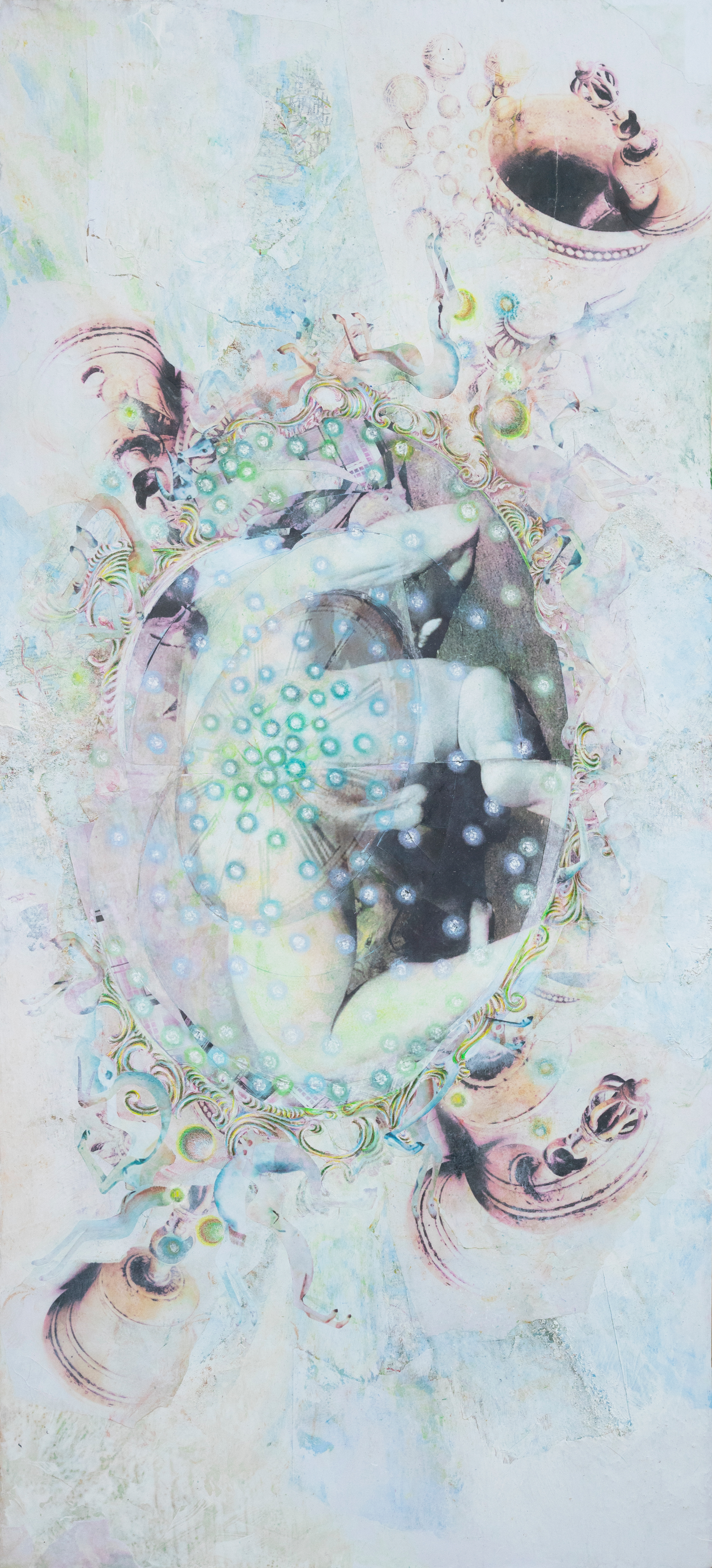 Quadrangular Love Mirror, Acrylic, Color Pencil and Pastel on Photo Collage,51.5*113 cm, 2023