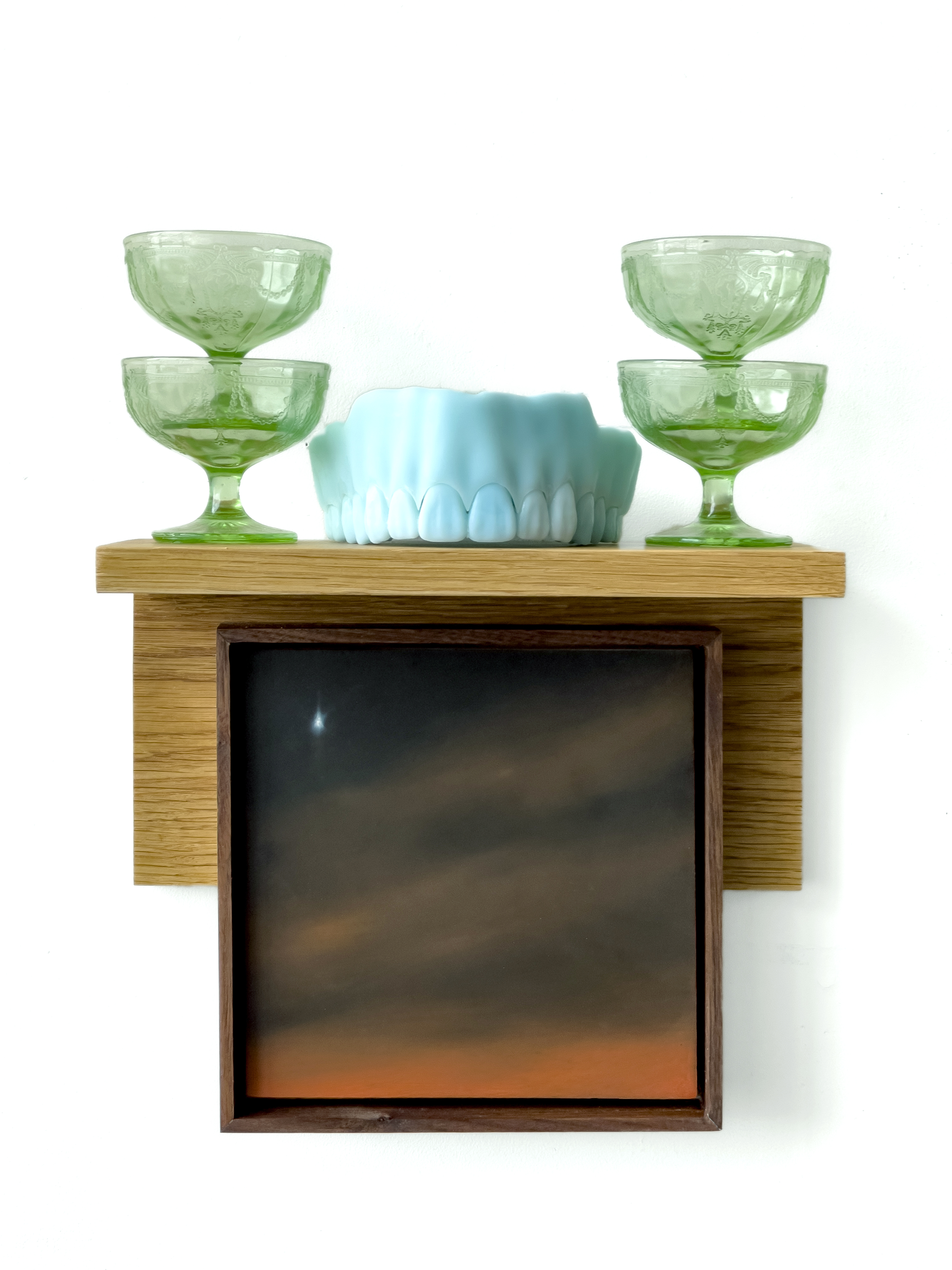 The House, The Bedroom, The Garret in Which We Were Alone, 2023, 15” x 12” x 6.5”. Oil on panel, wood, uranium glass, 3d printed photopolymer resin, danish oil, hardware