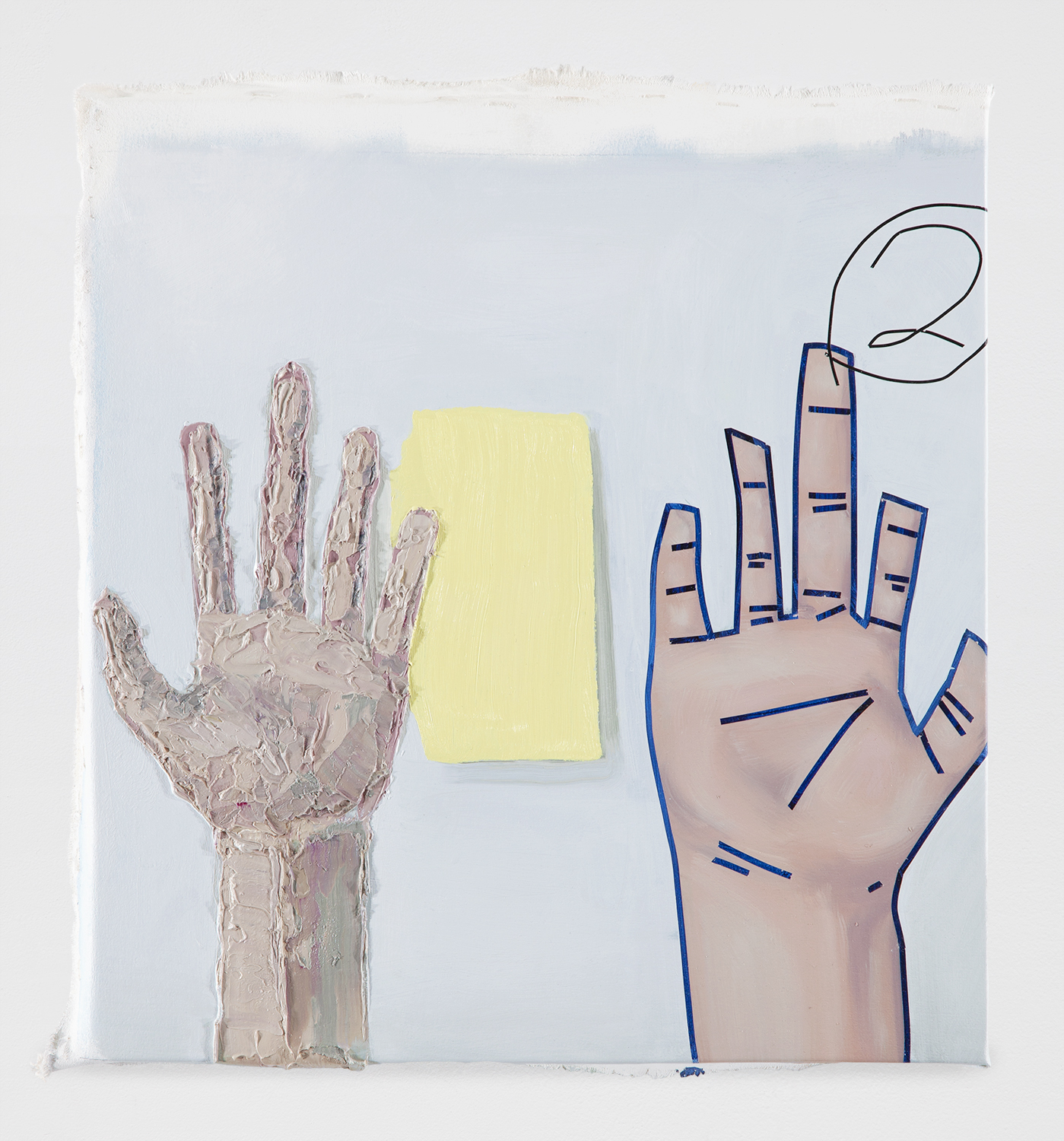 Hands; Acrylic and Oil paint on canvas, mounted on wooden panel; 21x21”, 2018