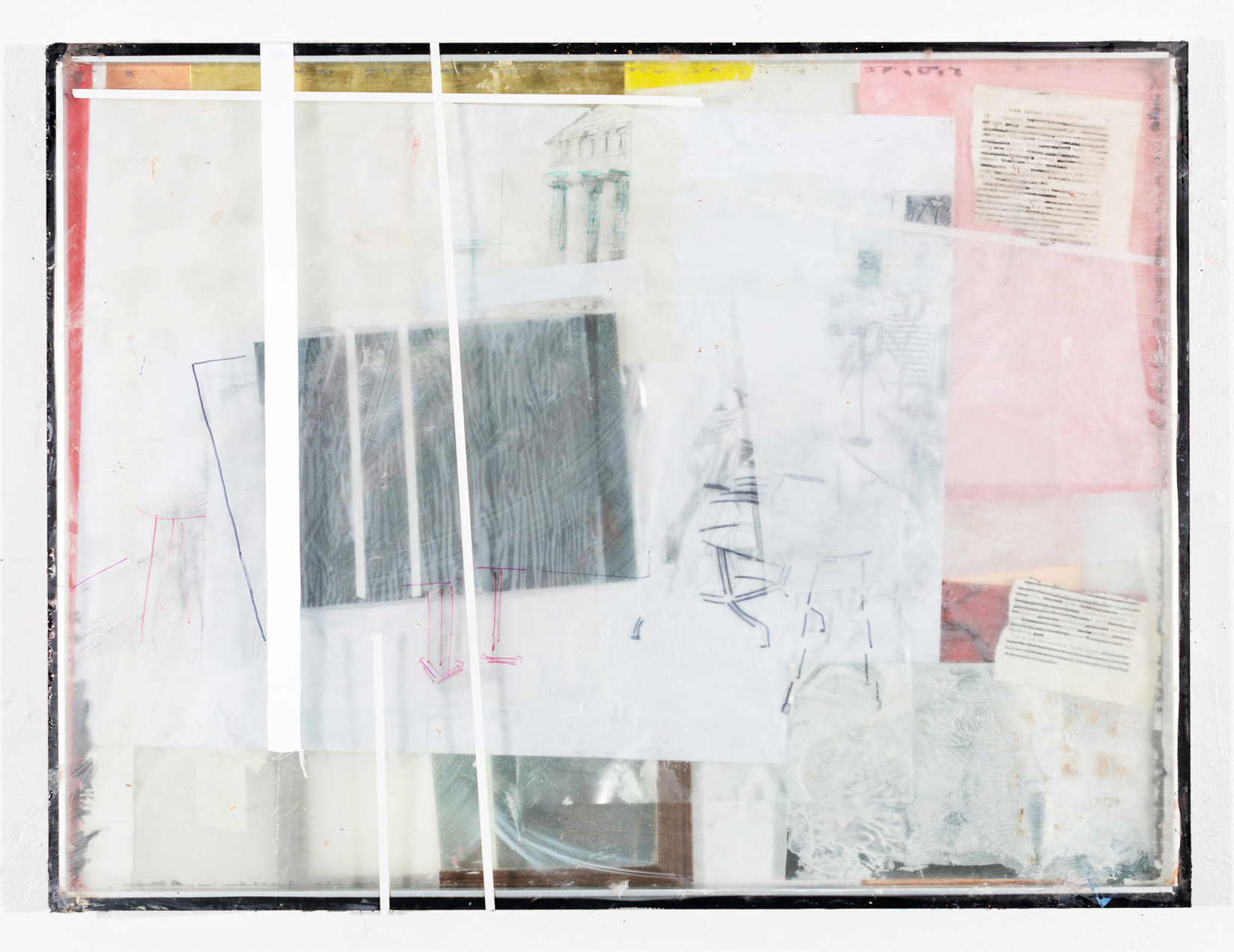 Reading Memory (Roman Window), 2017, 31.5 x 23.5 in, Mixed media and photograph on window pane