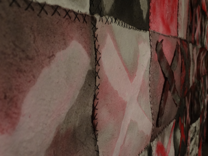 "Untitled (X Quilt)", Detail, ink and thread on paper, 8’ x 7’, 2020