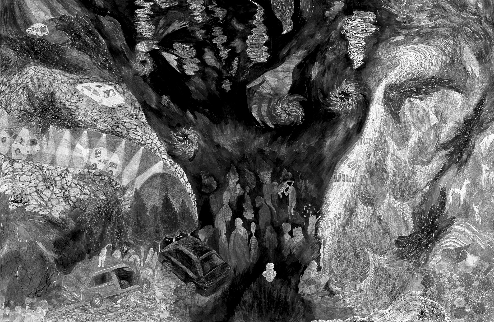 우리는 검은 산 구석에 모여, 2019, 종이에 혼합재료, 98x150cm