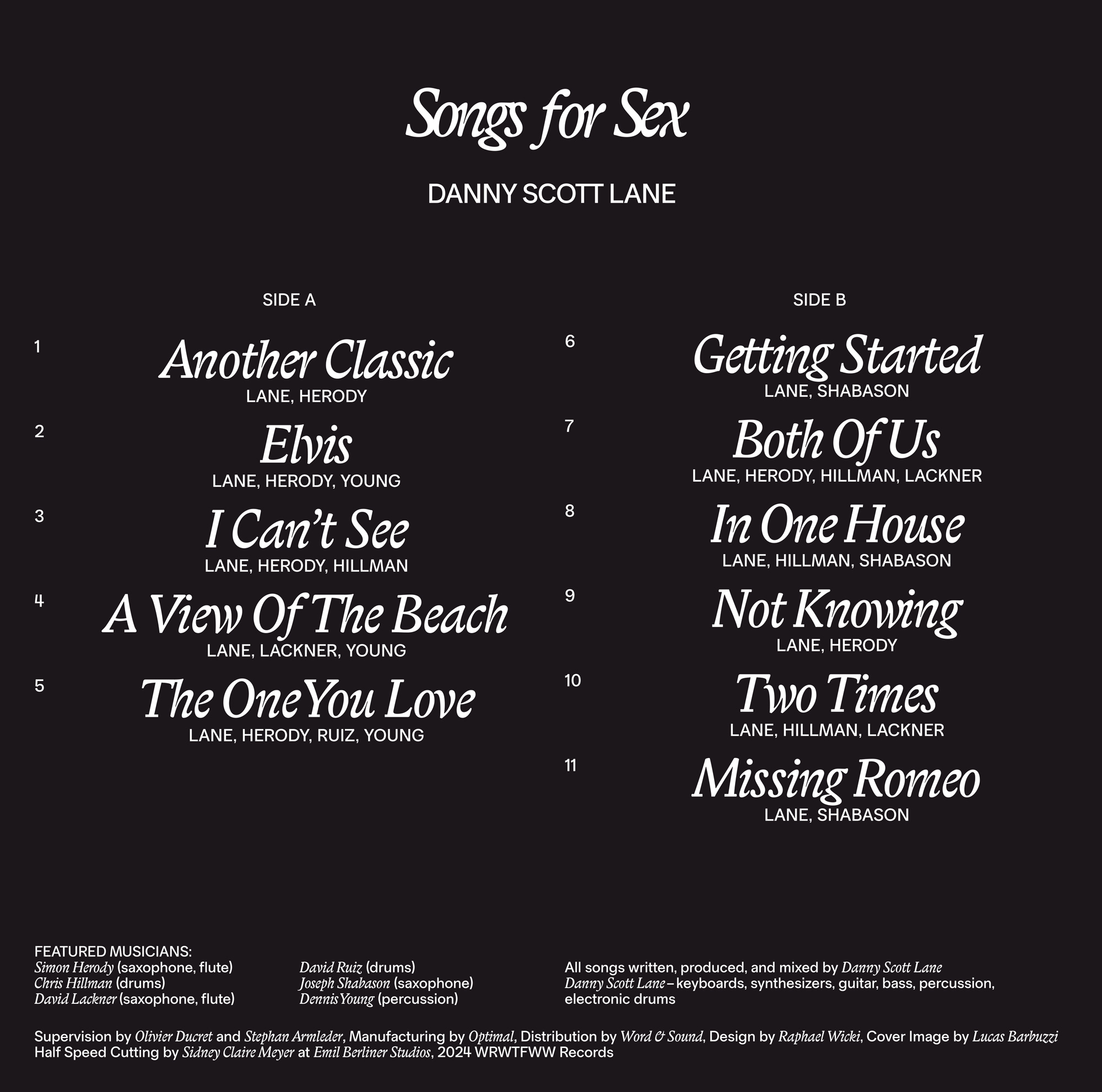 Songs for Sex by Danny Scott Lane, Vinyl LP Sleeve, 2025