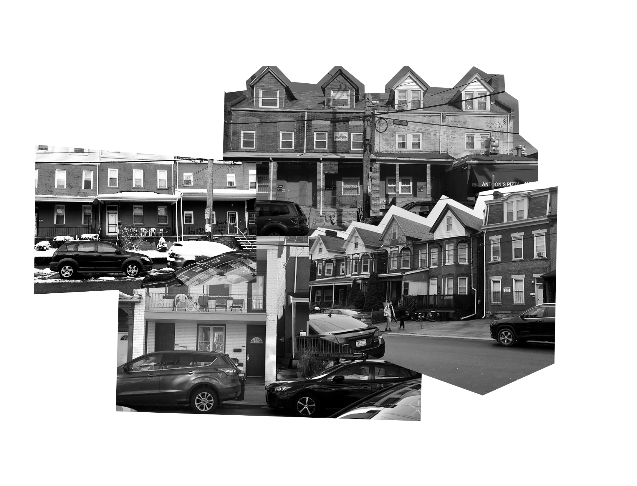 a collage of tightly packed rows houses in oakland - the are all 2-3 floors, with porches close to the street.