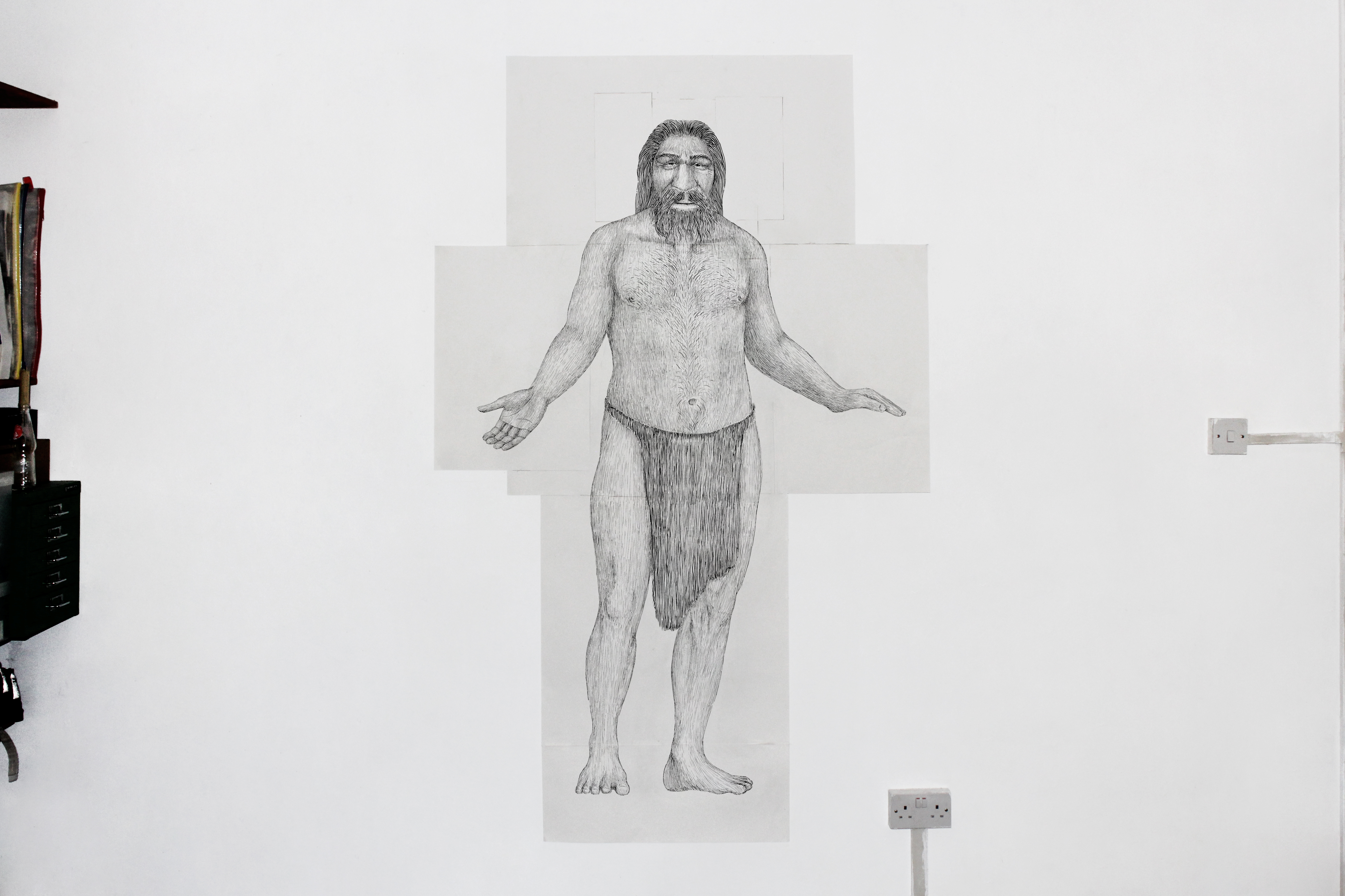 Neanderthal male figure, 838 x 1,342 mm - Buckinghamshire County Museum